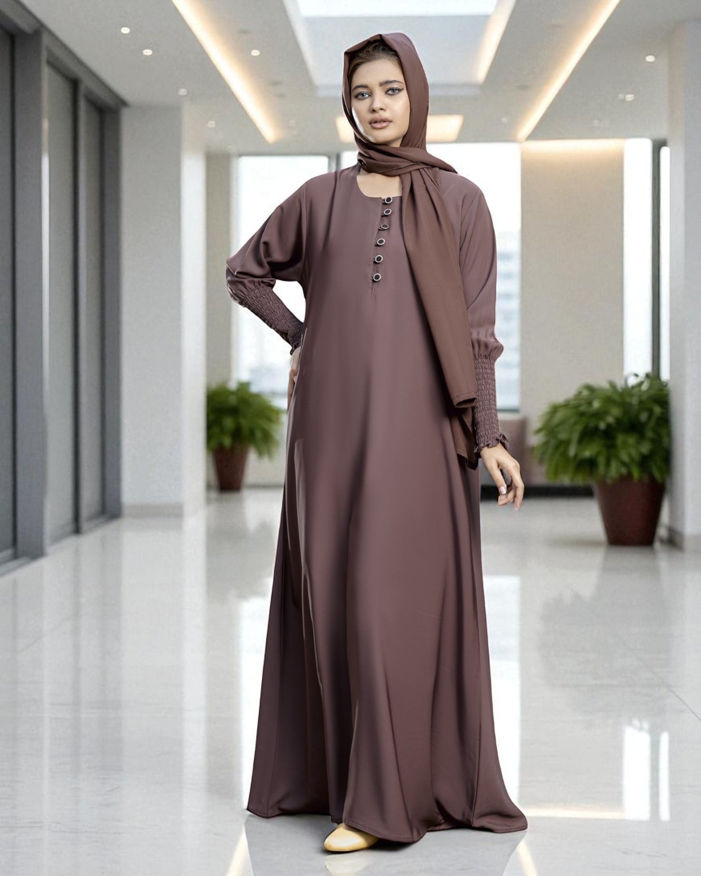 Closed Abaya with Extra Flare - Fabric Buttons - Smocky Sleeves - Premium Tiktok Fabric - Complementary Hijab - Side Pockets