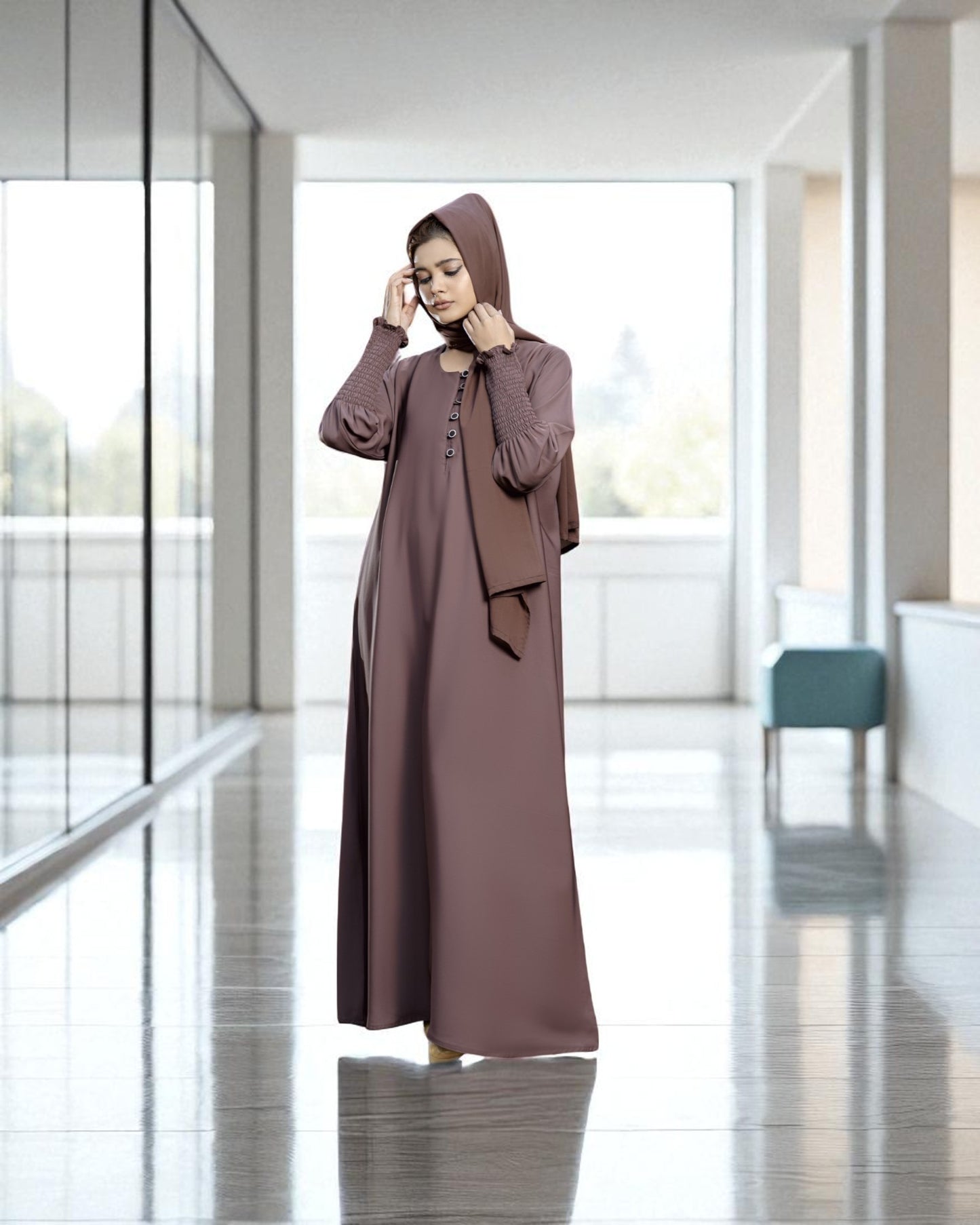 Closed Abaya with Extra Flare - Fabric Buttons - Smocky Sleeves - Premium Tiktok Fabric - Complementary Hijab - Side Pockets