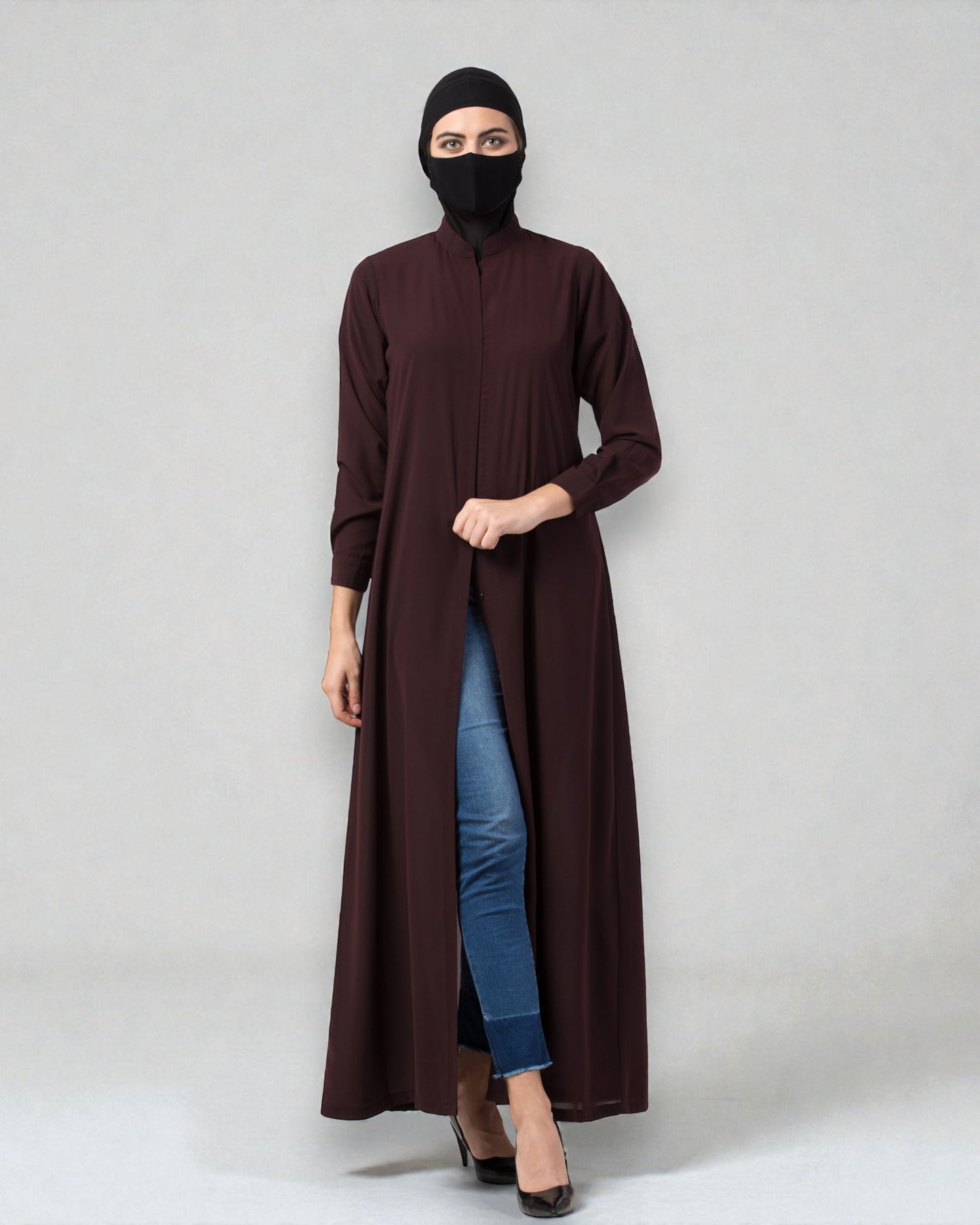 Musheco Front Open Abaya In Firdaus Fabric With Mandarin Collar
