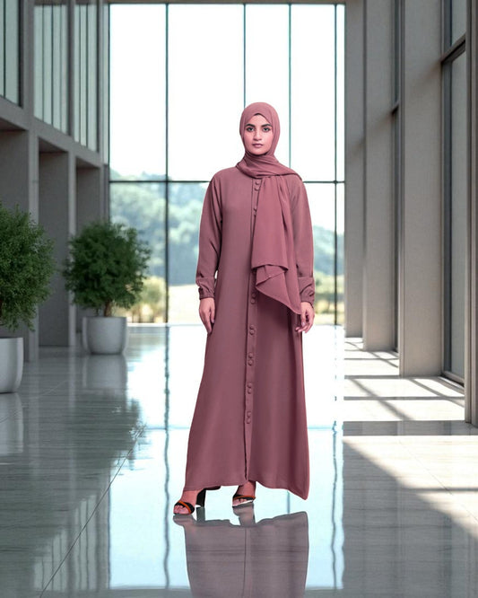 Front Open Abaya in Premium CYE Crush Fabric - Elasticated Sleeves - Matching Fabric Buttons - Side Pockets - Complementary Hijab