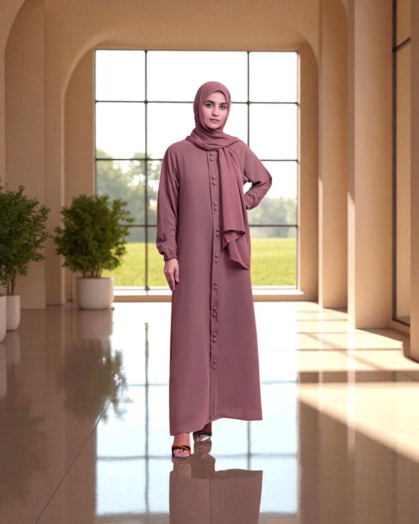 Front Open Abaya in Premium CYE Crush Fabric - Elasticated Sleeves - Matching Fabric Buttons - Side Pockets - Complementary Hijab