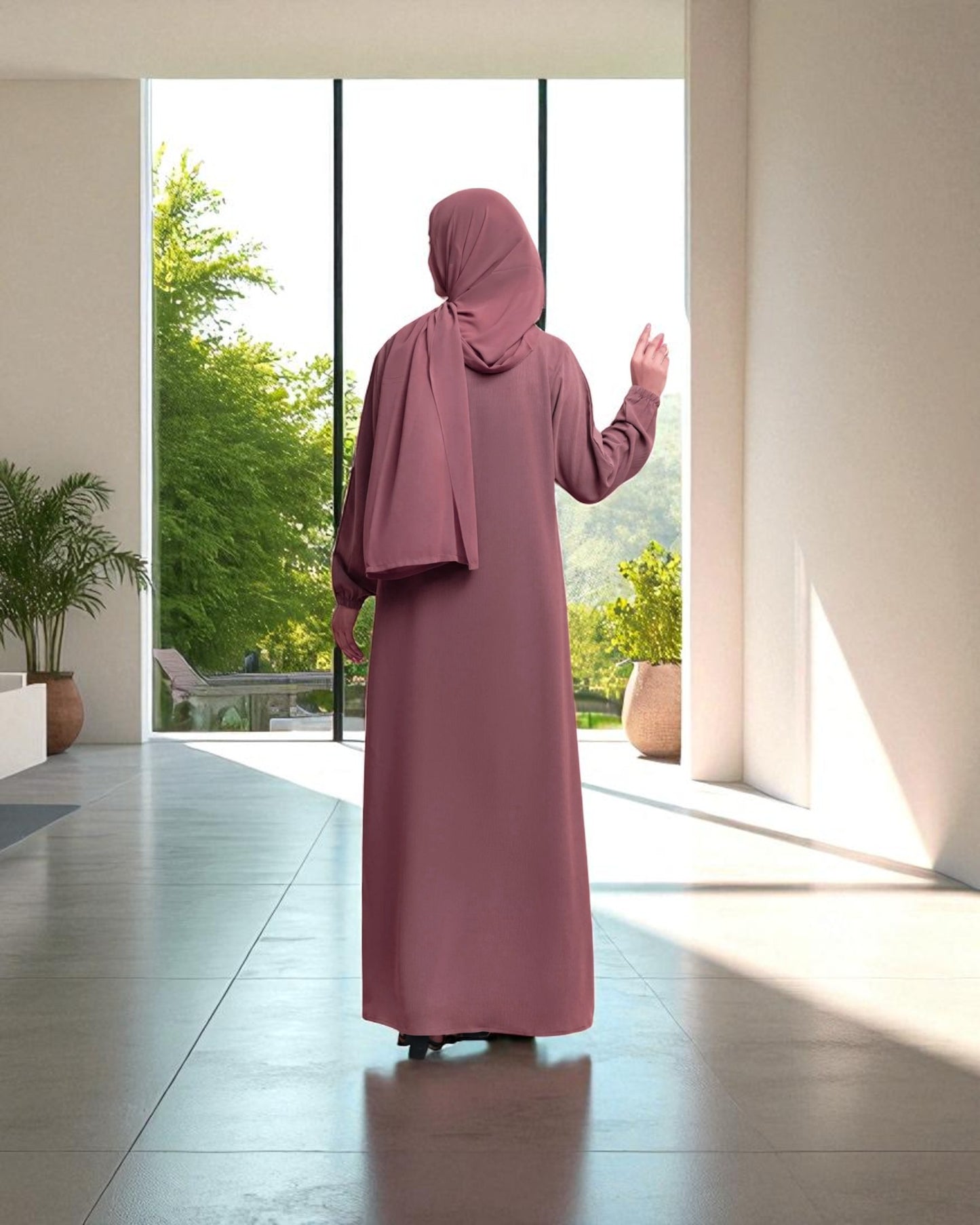 Front Open Abaya in Premium CYE Crush Fabric - Elasticated Sleeves - Matching Fabric Buttons - Side Pockets - Complementary Hijab