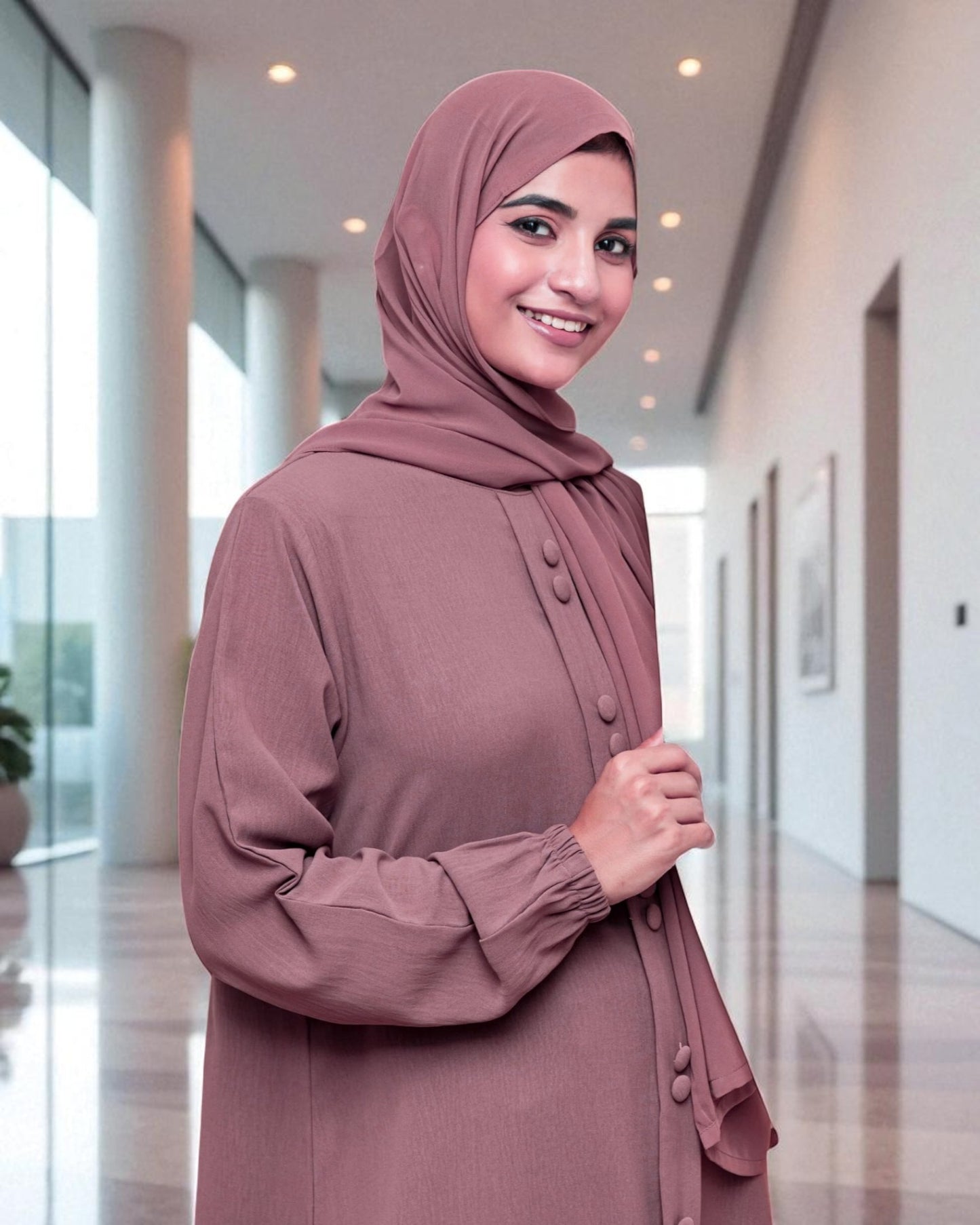 Front Open Abaya in Premium CYE Crush Fabric - Elasticated Sleeves - Matching Fabric Buttons - Side Pockets - Complementary Hijab