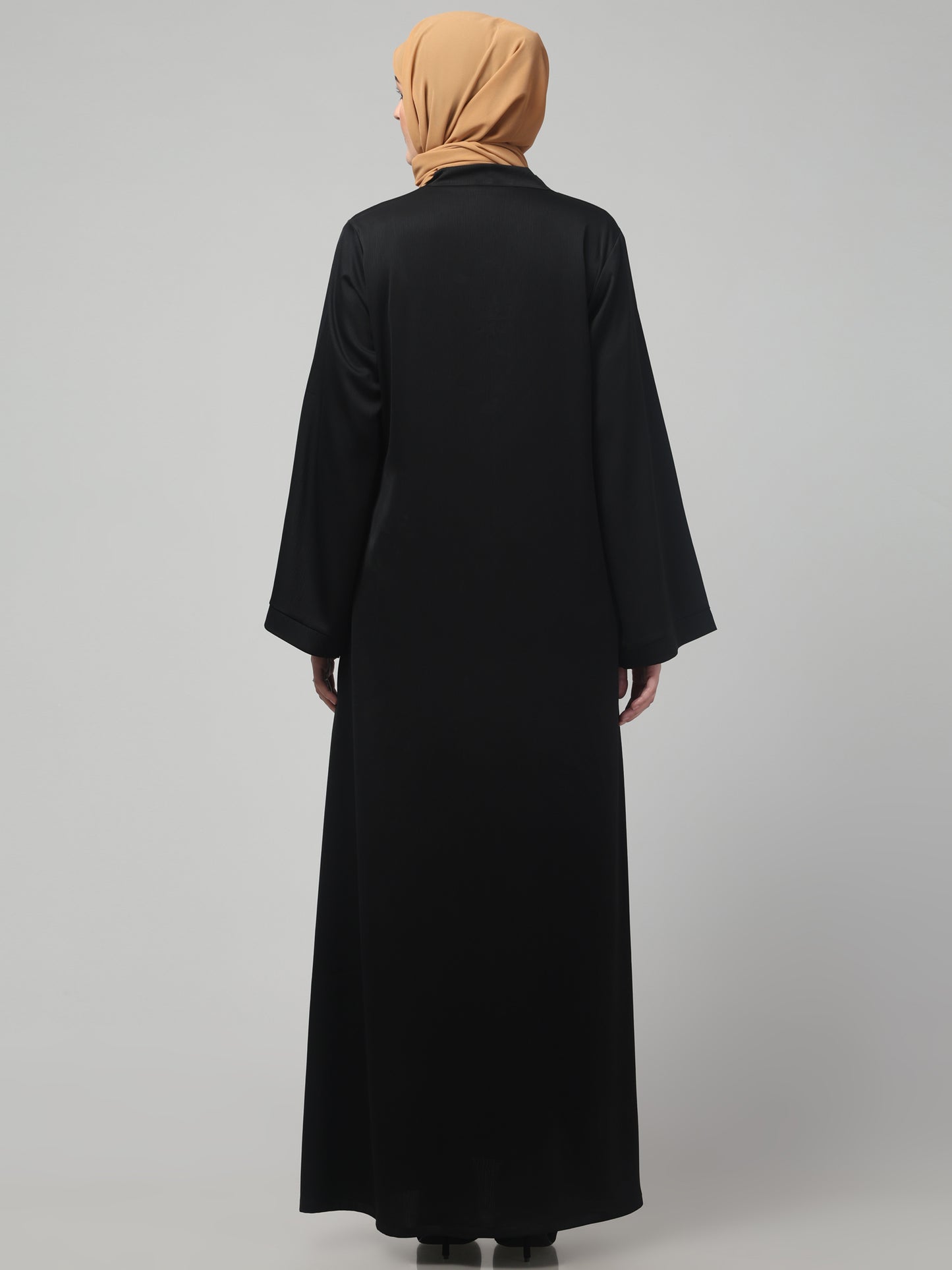 Front Open Abaya In Premium Tiktok Fabric with V-Neck & Flared Sleeves.