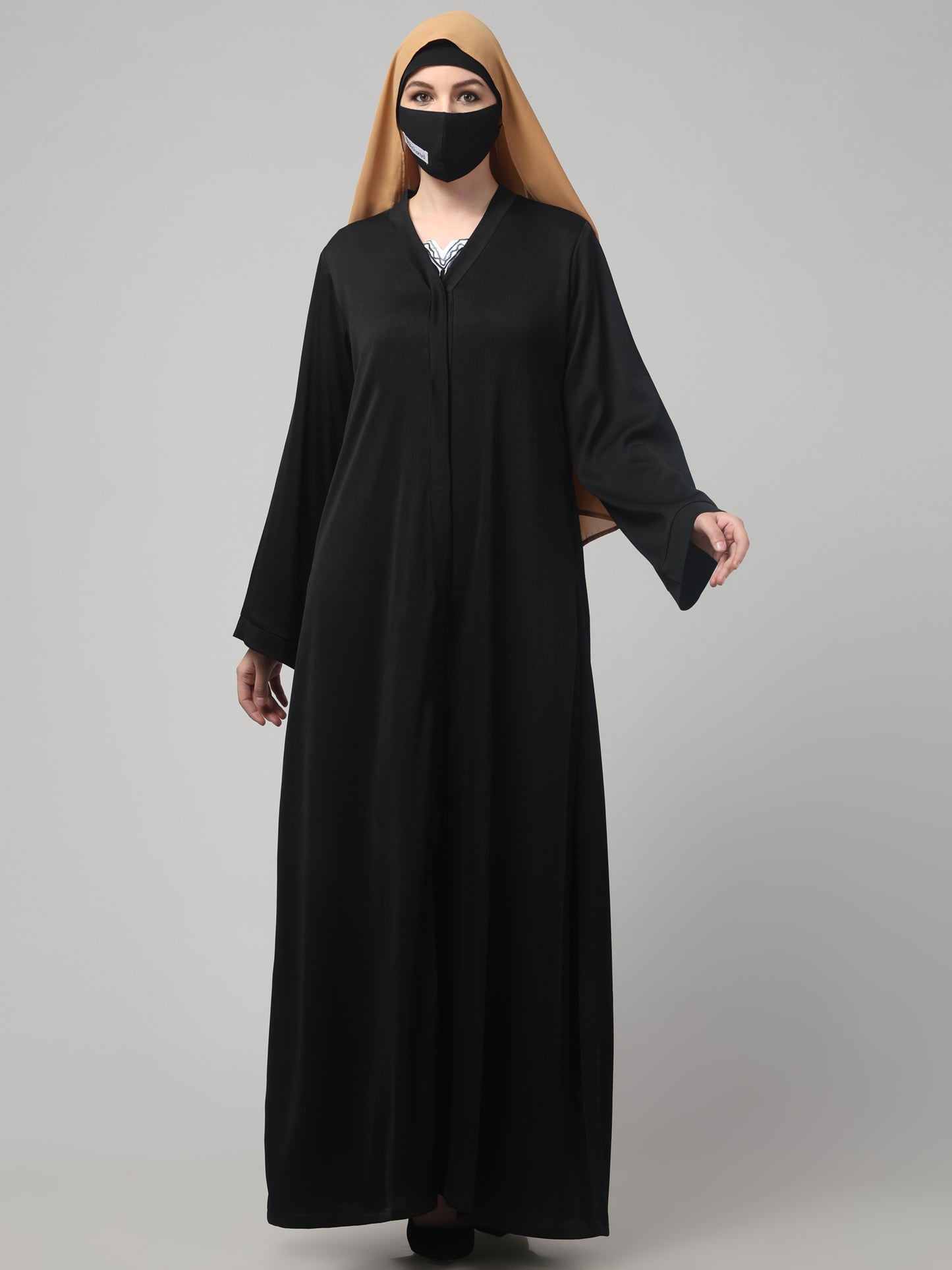 Front Open Abaya In Premium Tiktok Fabric with V-Neck & Flared Sleeves.