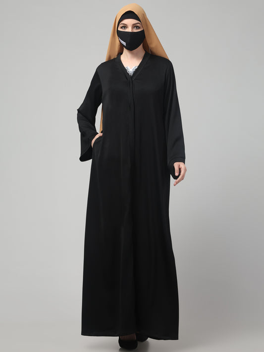 Front Open Abaya In Premium Tiktok Fabric with V-Neck & Flared Sleeves.