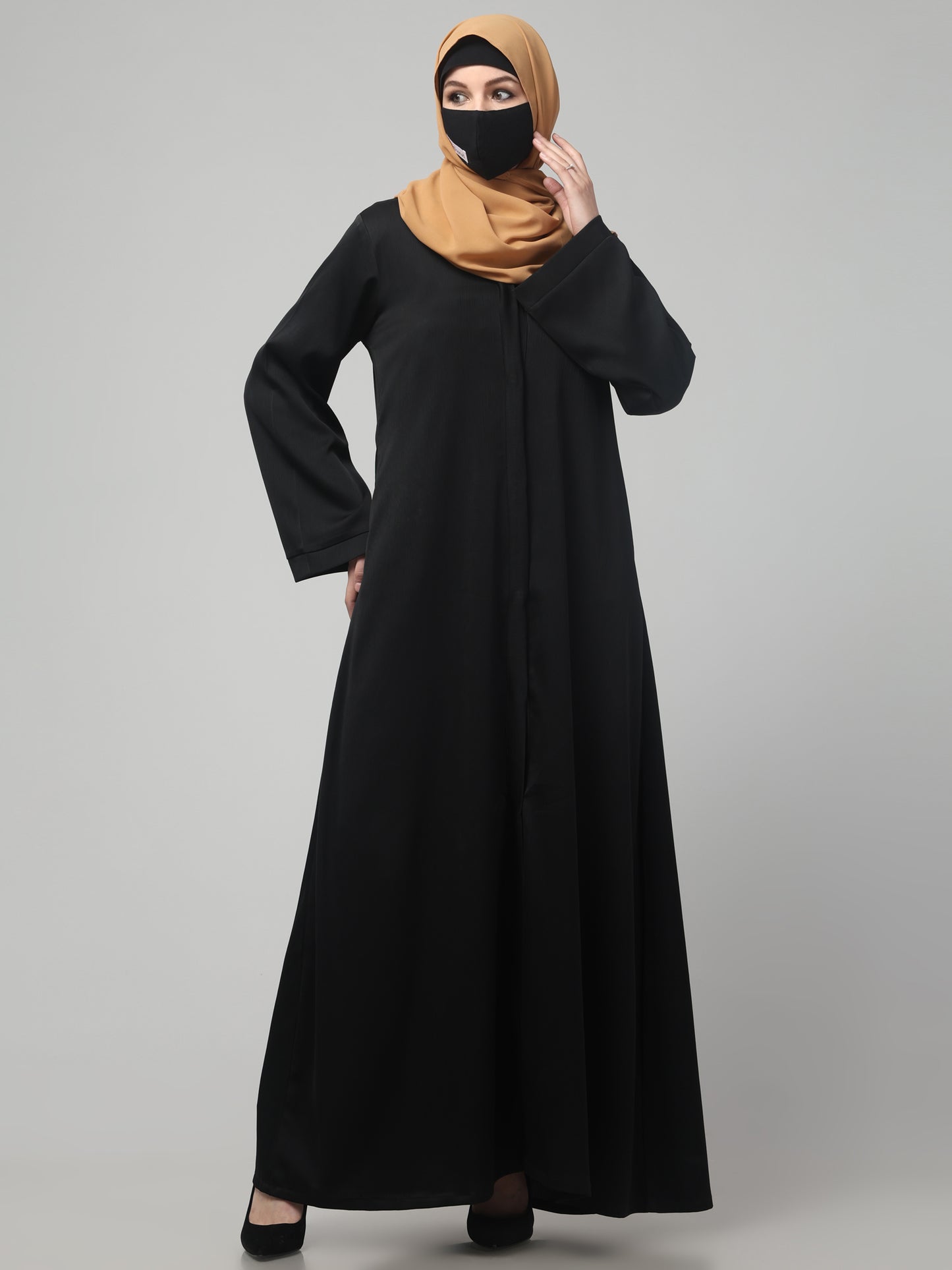 Front Open Abaya In Premium Tiktok Fabric with V-Neck & Flared Sleeves.