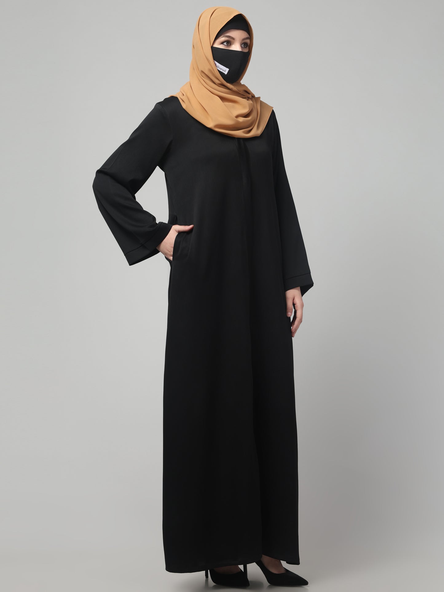 Front Open Abaya In Premium Tiktok Fabric with V-Neck & Flared Sleeves.