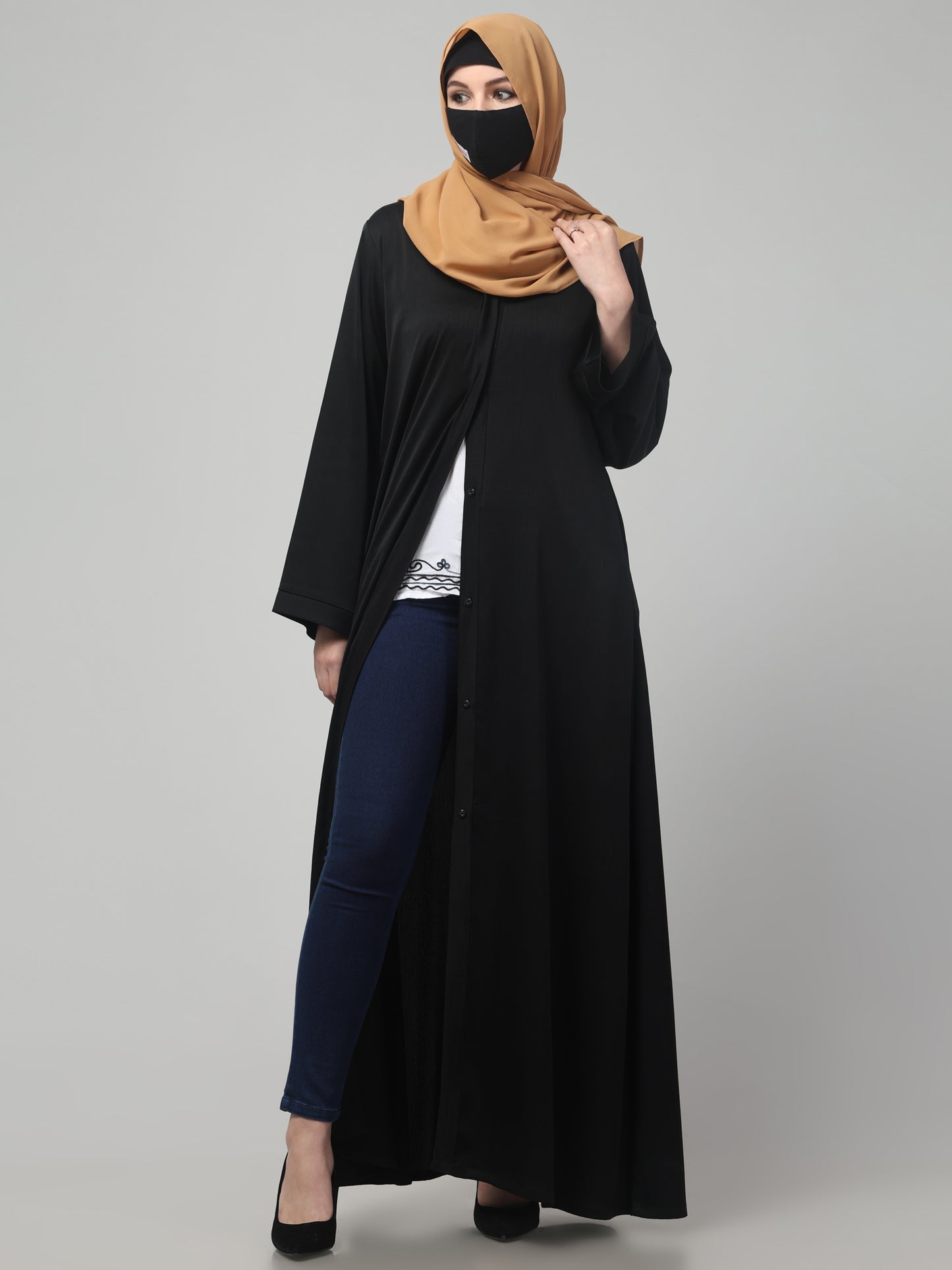 Front Open Abaya In Premium Tiktok Fabric with V-Neck & Flared Sleeves.
