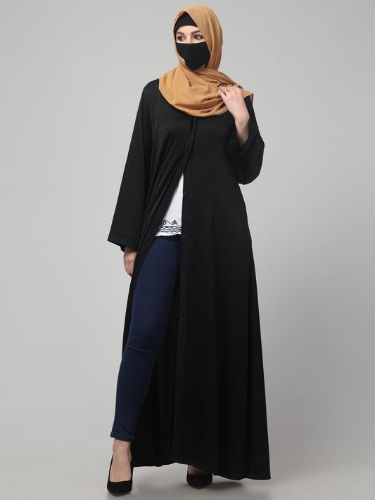 Front Open Abaya In Premium Tiktok Fabric with V-Neck & Flared Sleeves.