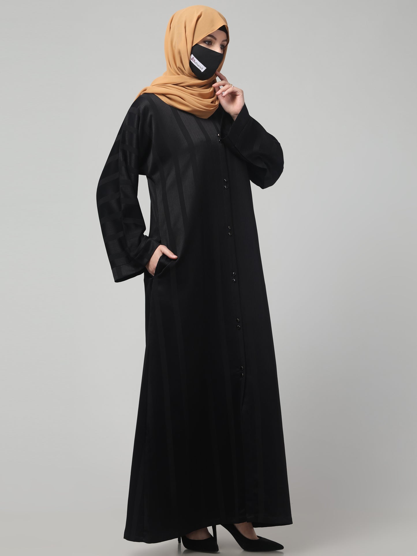 Front Open Abaya in Zoom Pro Fabric – Subtle Stripes & Effortless Grace
