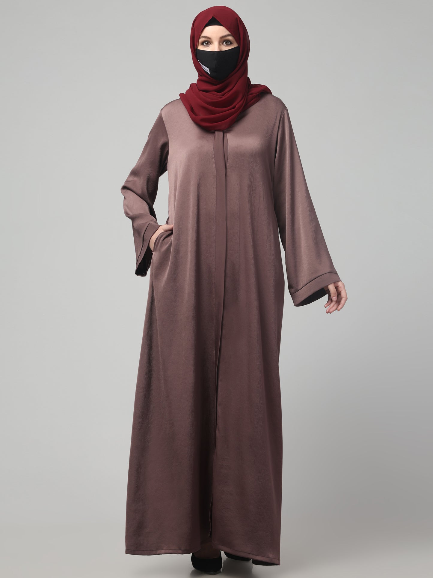 Front Open Abaya In Premium Tiktok Fabric with V-Neck & Flared Sleeves.