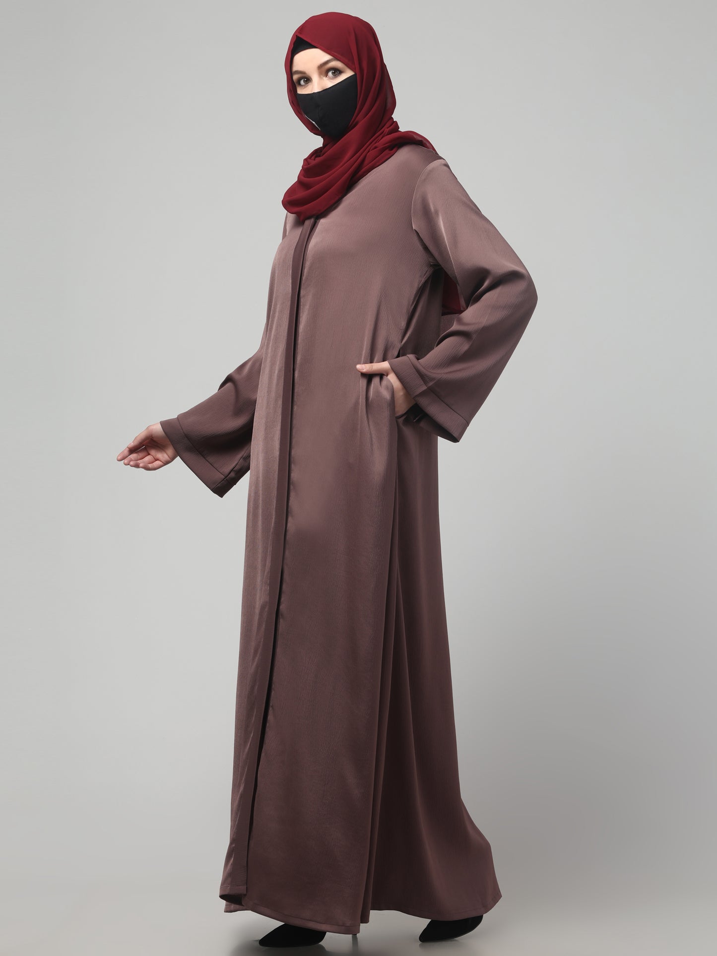 Front Open Abaya In Premium Tiktok Fabric with V-Neck & Flared Sleeves.