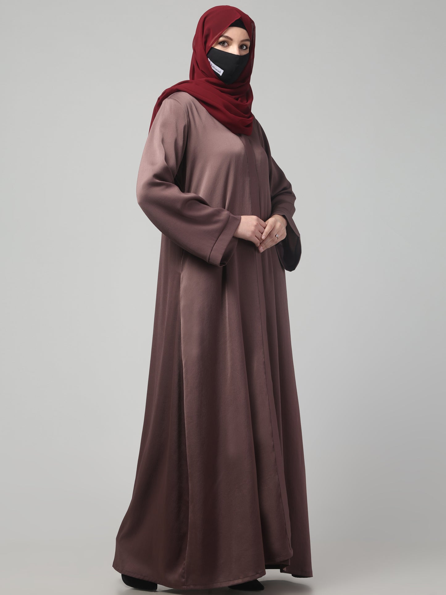 Front Open Abaya In Premium Tiktok Fabric with V-Neck & Flared Sleeves.
