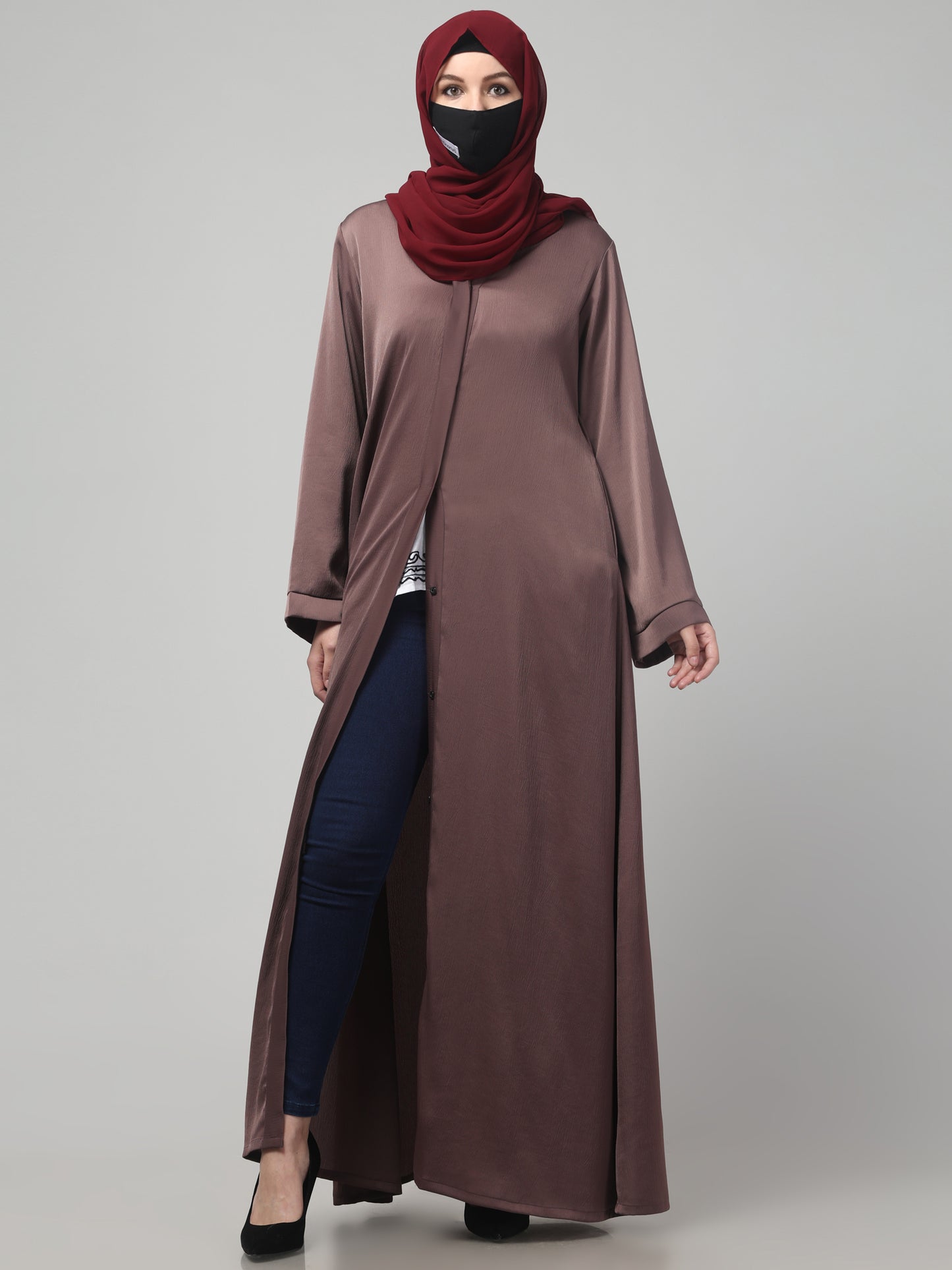 Front Open Abaya In Premium Tiktok Fabric with V-Neck & Flared Sleeves.