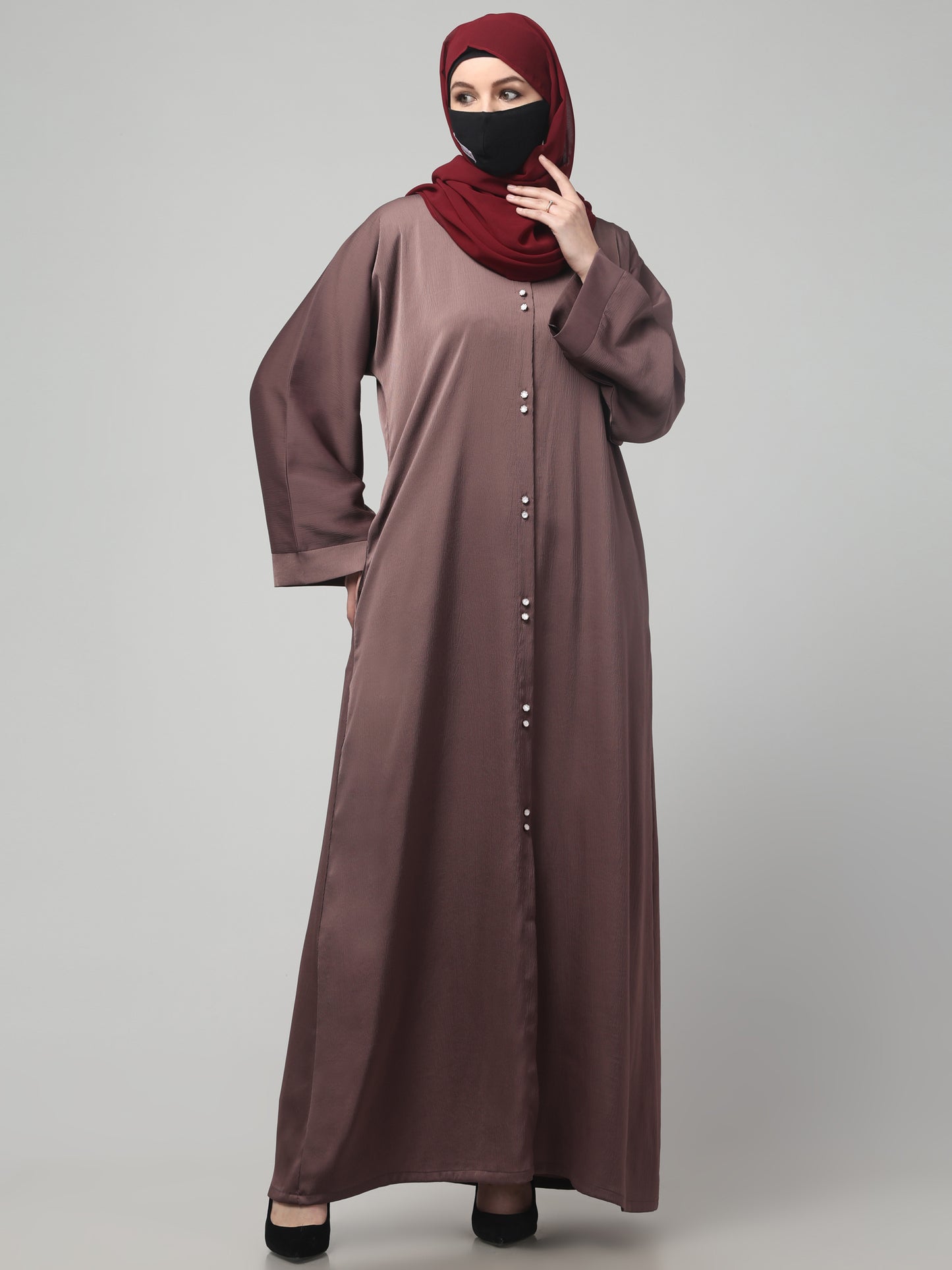 Front Open Tiktok Abaya with Round Neck & Flared Sleeves.