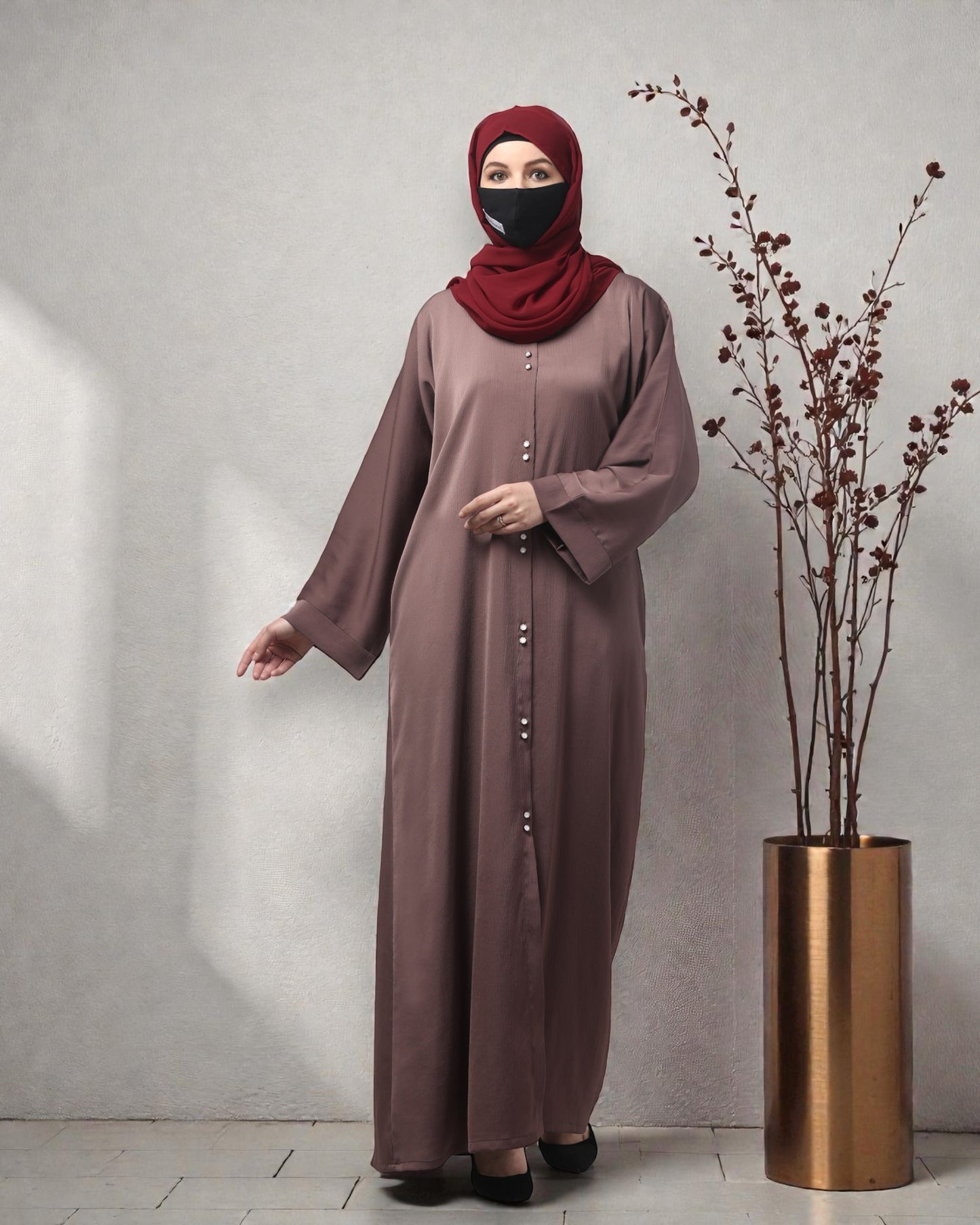 Front Open Tiktok Abaya with Round Neck & Flared Sleeves – Includes Hijab