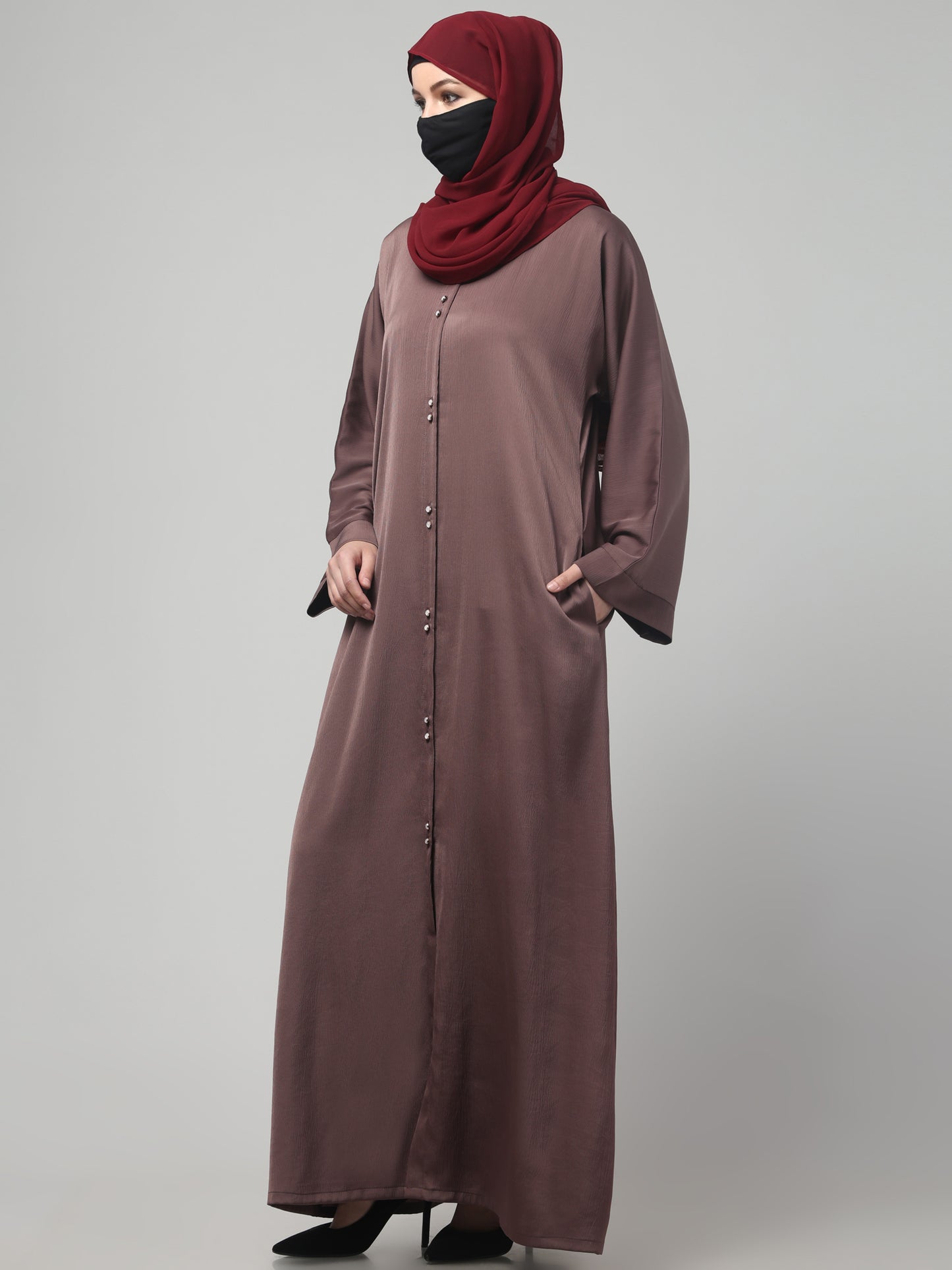 Front Open Tiktok Abaya with Round Neck & Flared Sleeves.