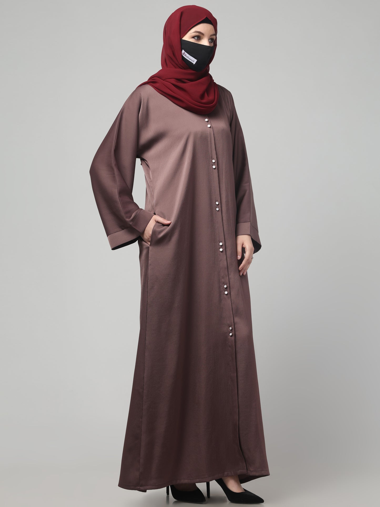 Front Open Tiktok Abaya with Round Neck & Flared Sleeves.