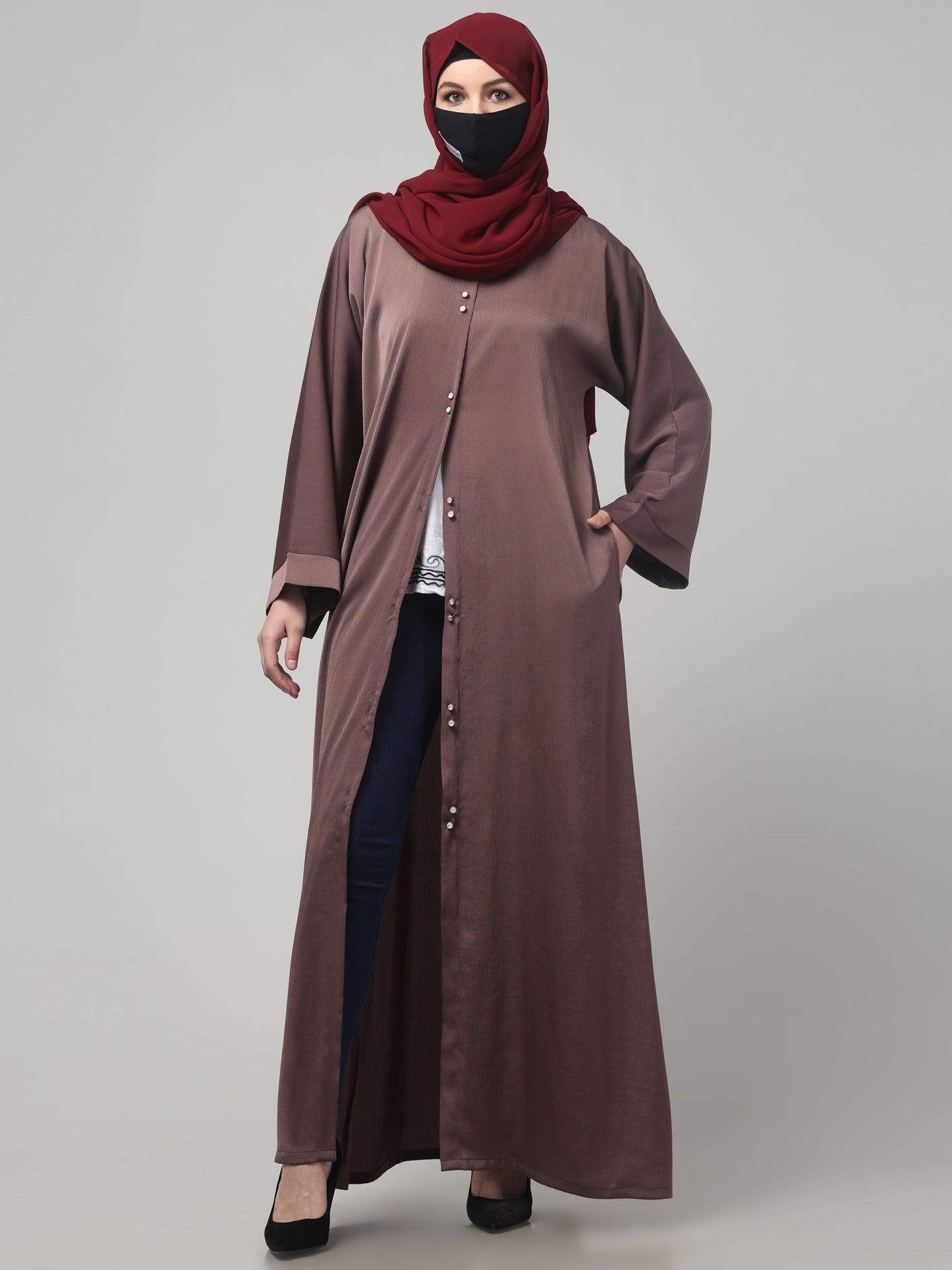 Front Open Tiktok Abaya with Round Neck & Flared Sleeves.