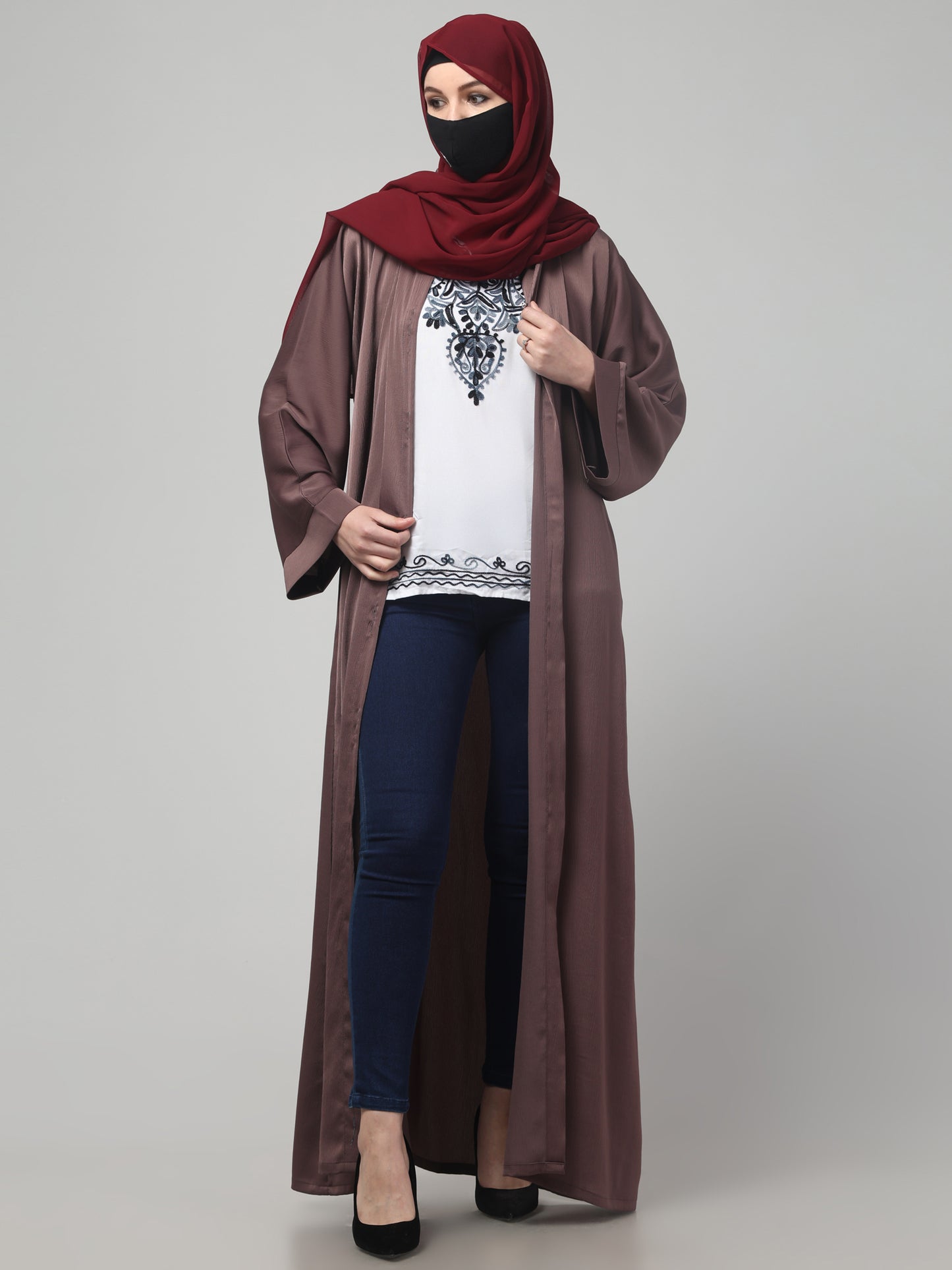 Front Open Tiktok Abaya with Round Neck & Flared Sleeves.