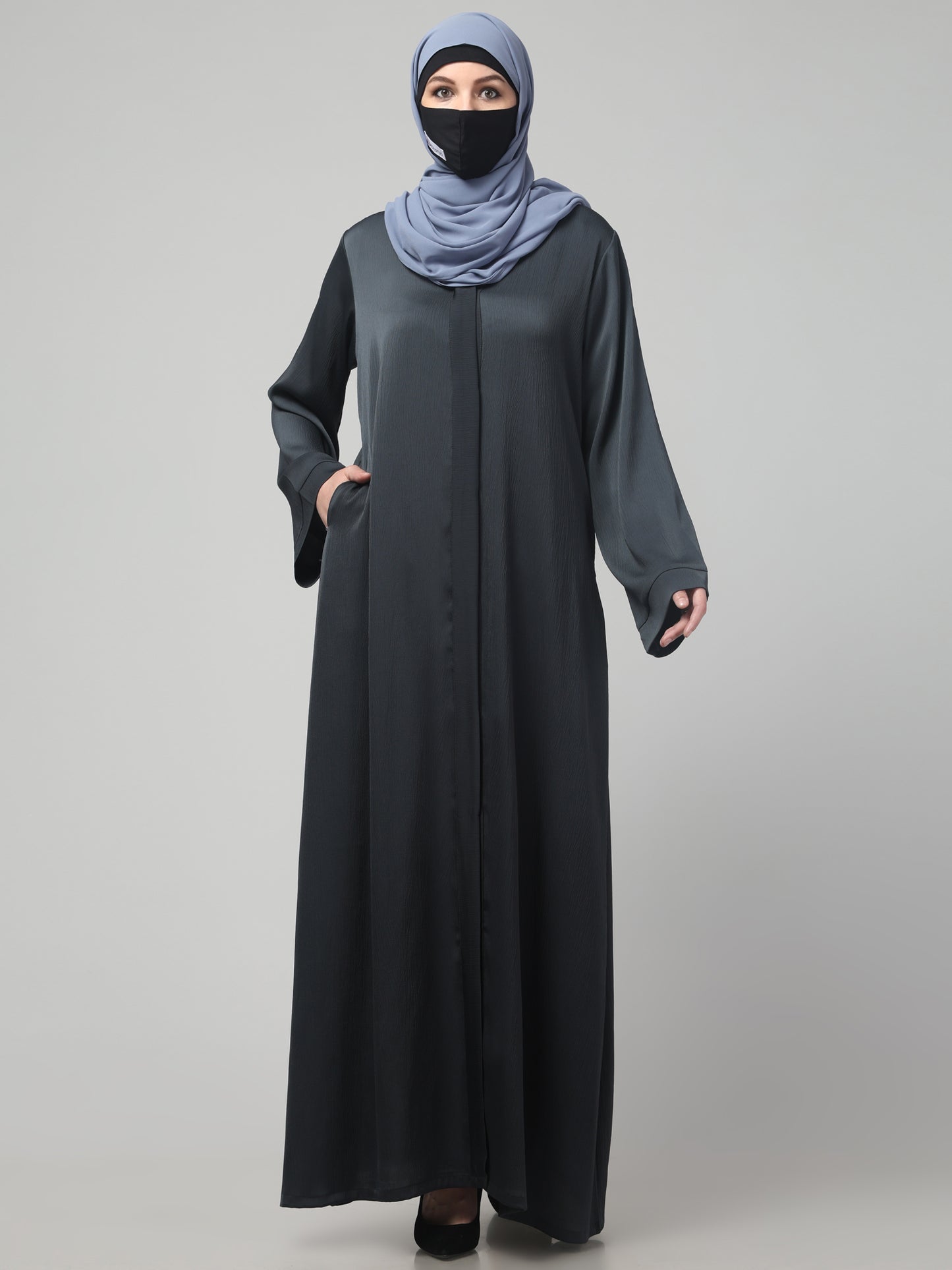 Front Open Abaya In Premium Tiktok Fabric with V-Neck & Flared Sleeves.