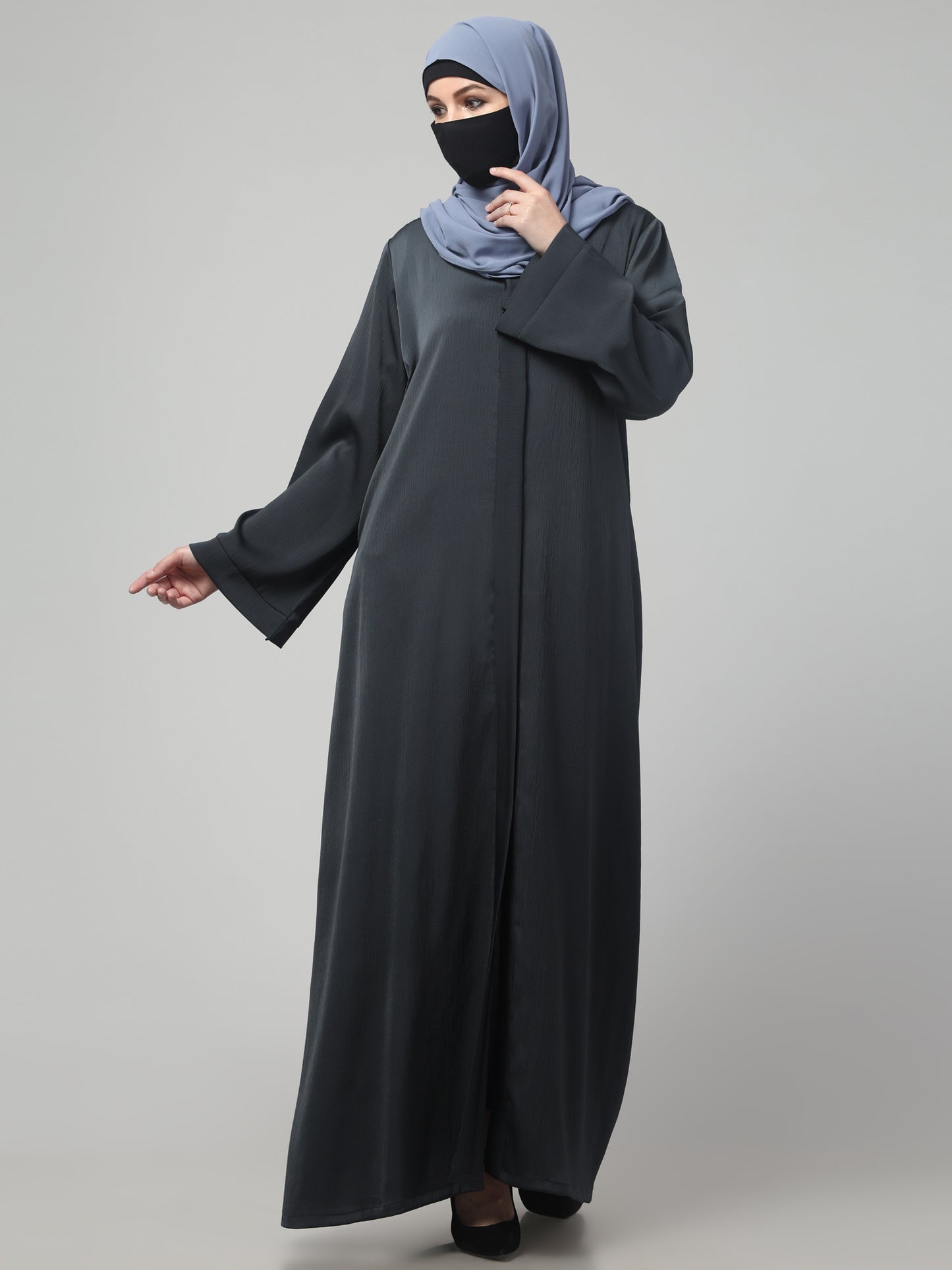 Front Open Abaya In Premium Tiktok Fabric with V-Neck & Flared Sleeves.