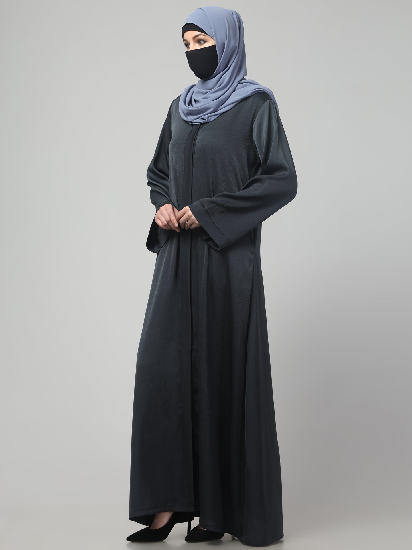 Front Open Abaya In Premium Tiktok Fabric with V-Neck & Flared Sleeves.