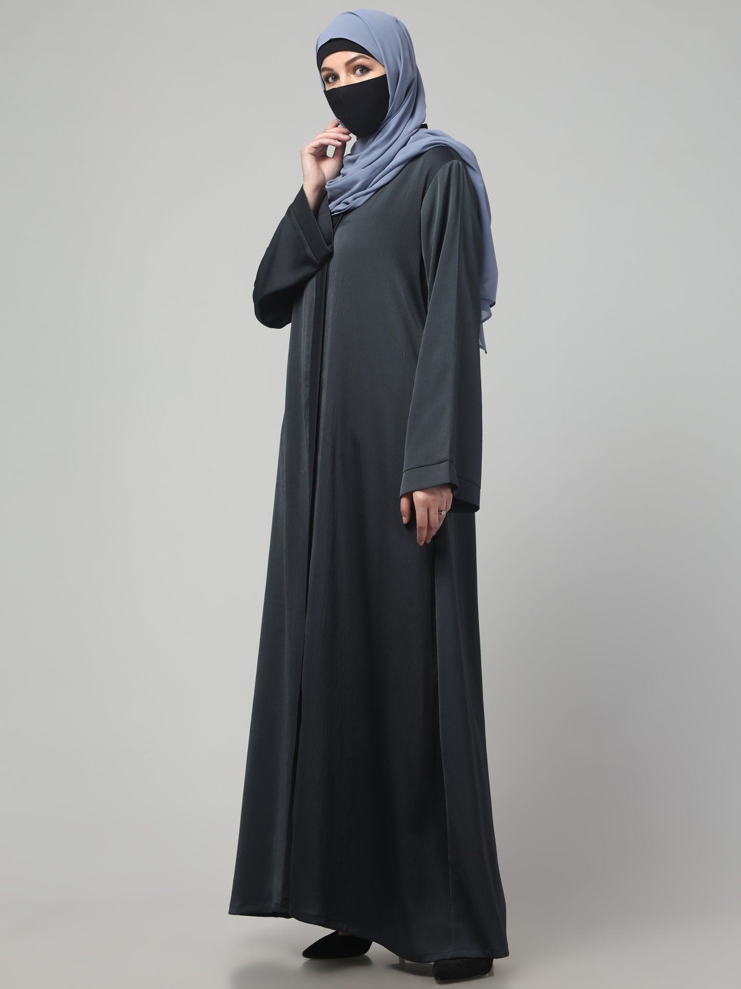 Front Open Abaya In Premium Tiktok Fabric with V-Neck & Flared Sleeves.