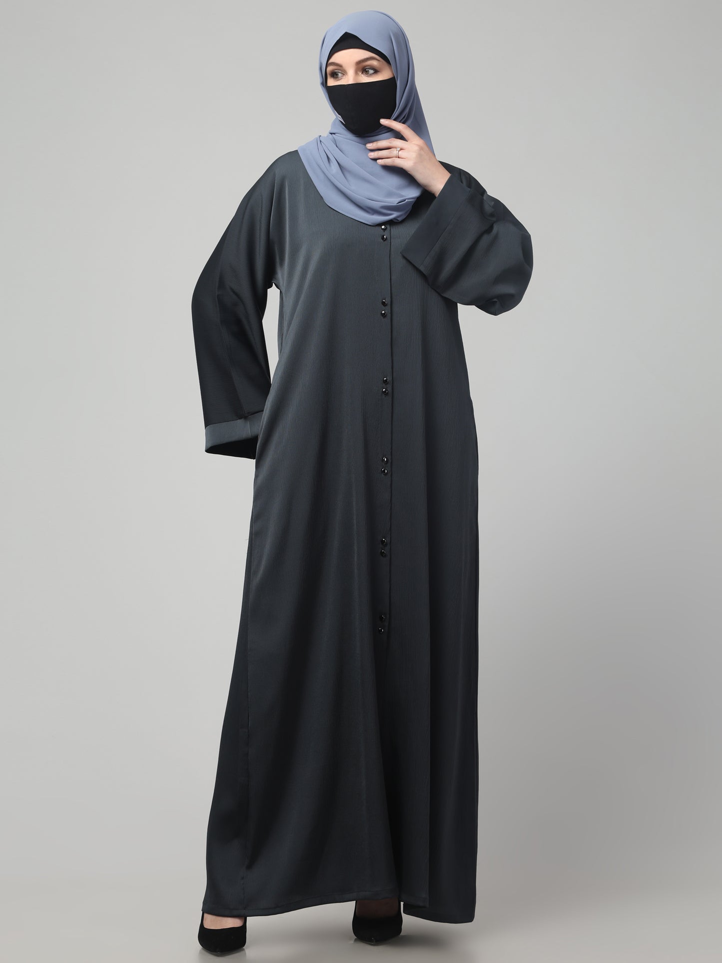 Front Open Tiktok Abaya with Round Neck & Flared Sleeves.