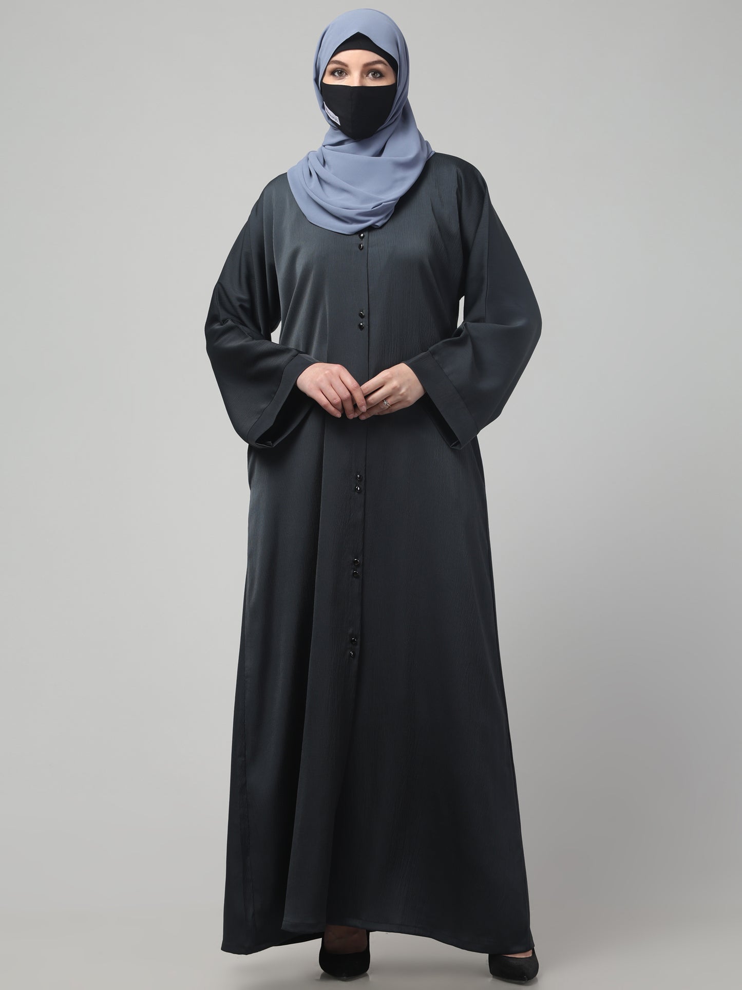 Front Open Tiktok Abaya with Round Neck & Flared Sleeves.