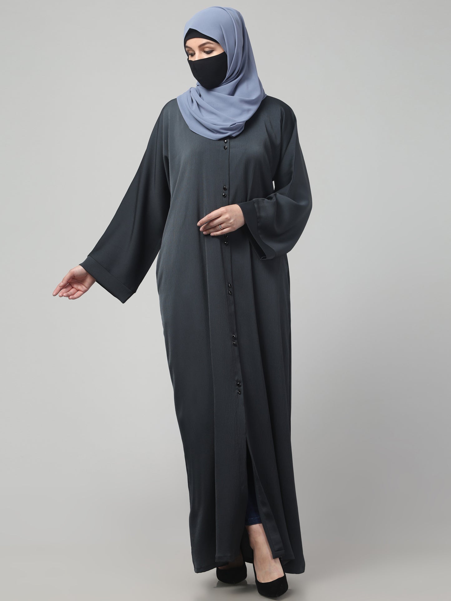 Front Open Tiktok Abaya with Round Neck & Flared Sleeves.