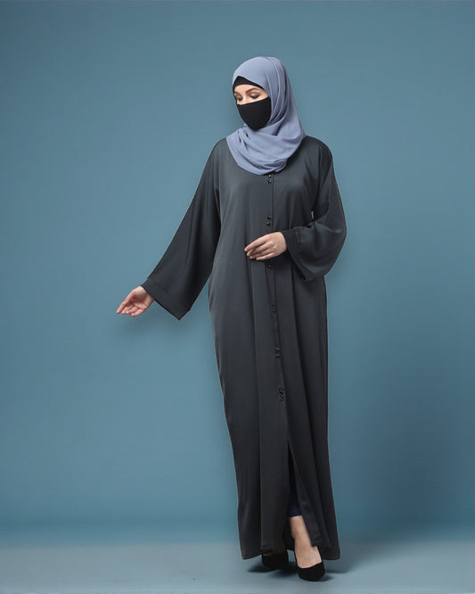 Front Open Tiktok Abaya with Round Neck & Flared Sleeves – Includes Hijab