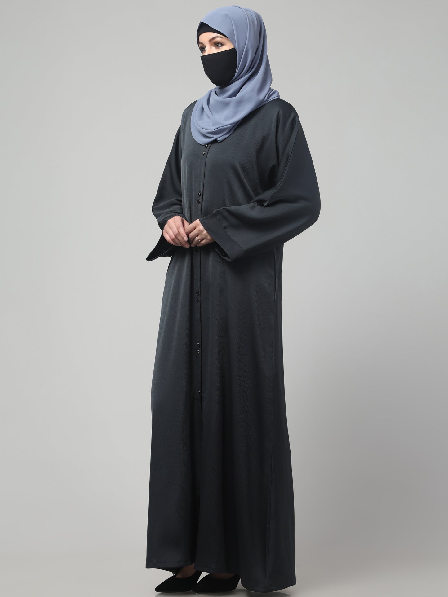 Front Open Tiktok Abaya with Round Neck & Flared Sleeves.