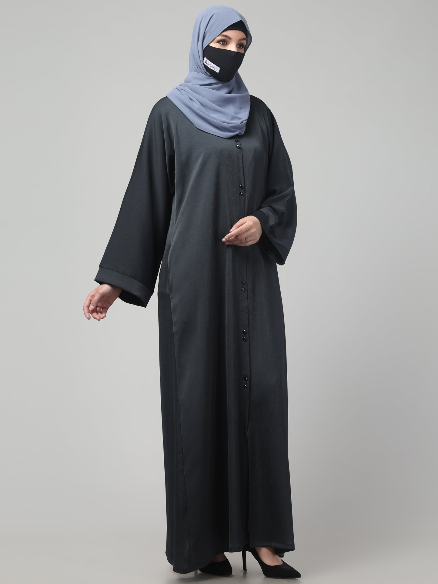 Front Open Tiktok Abaya with Round Neck & Flared Sleeves.