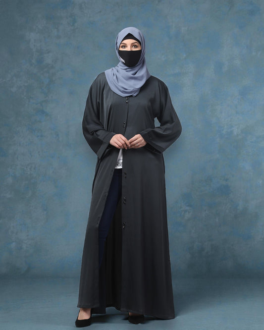 Front Open Tiktok Abaya with Round Neck & Flared Sleeves – Includes Hijab