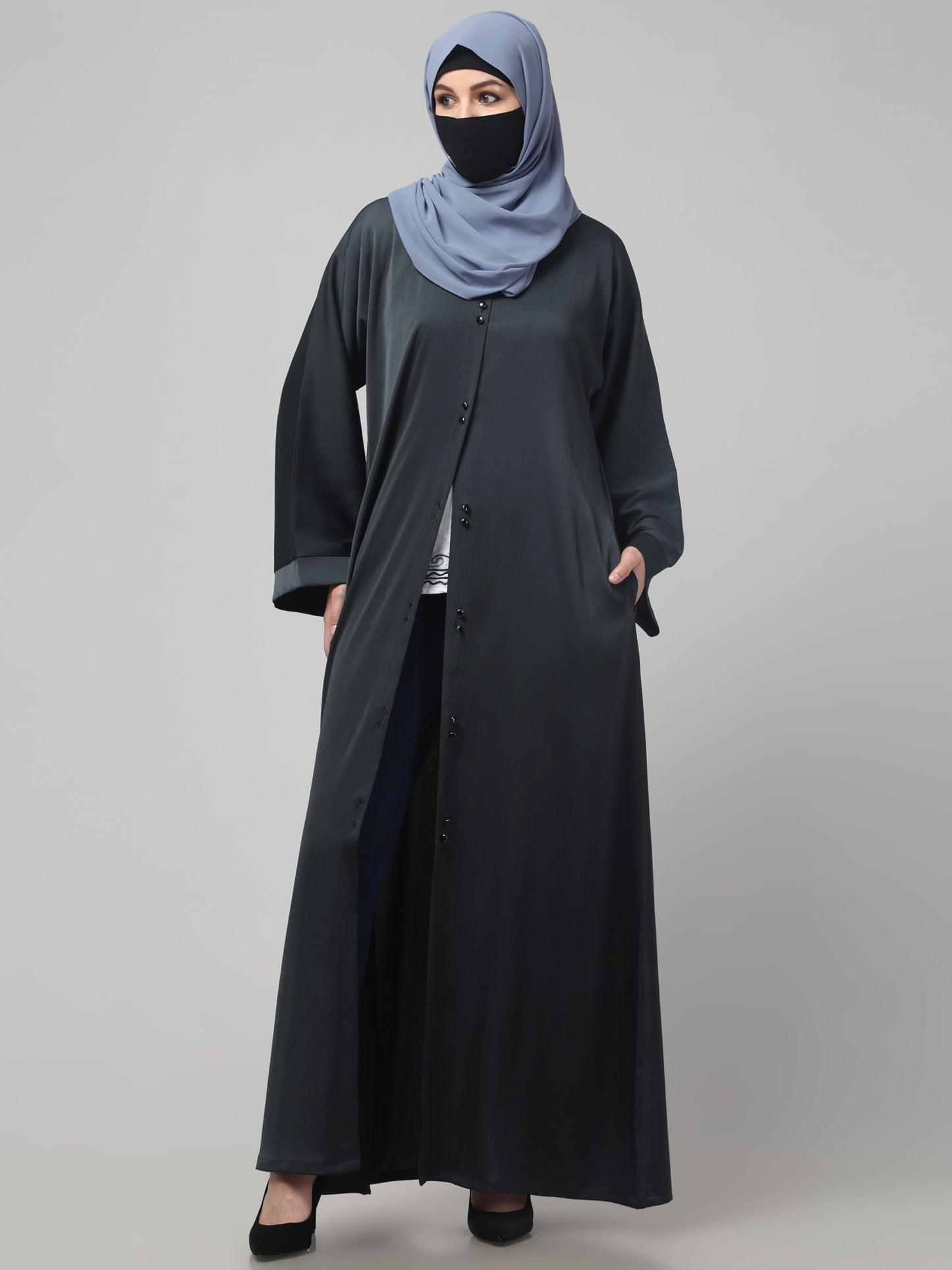 Front Open Tiktok Abaya with Round Neck & Flared Sleeves.
