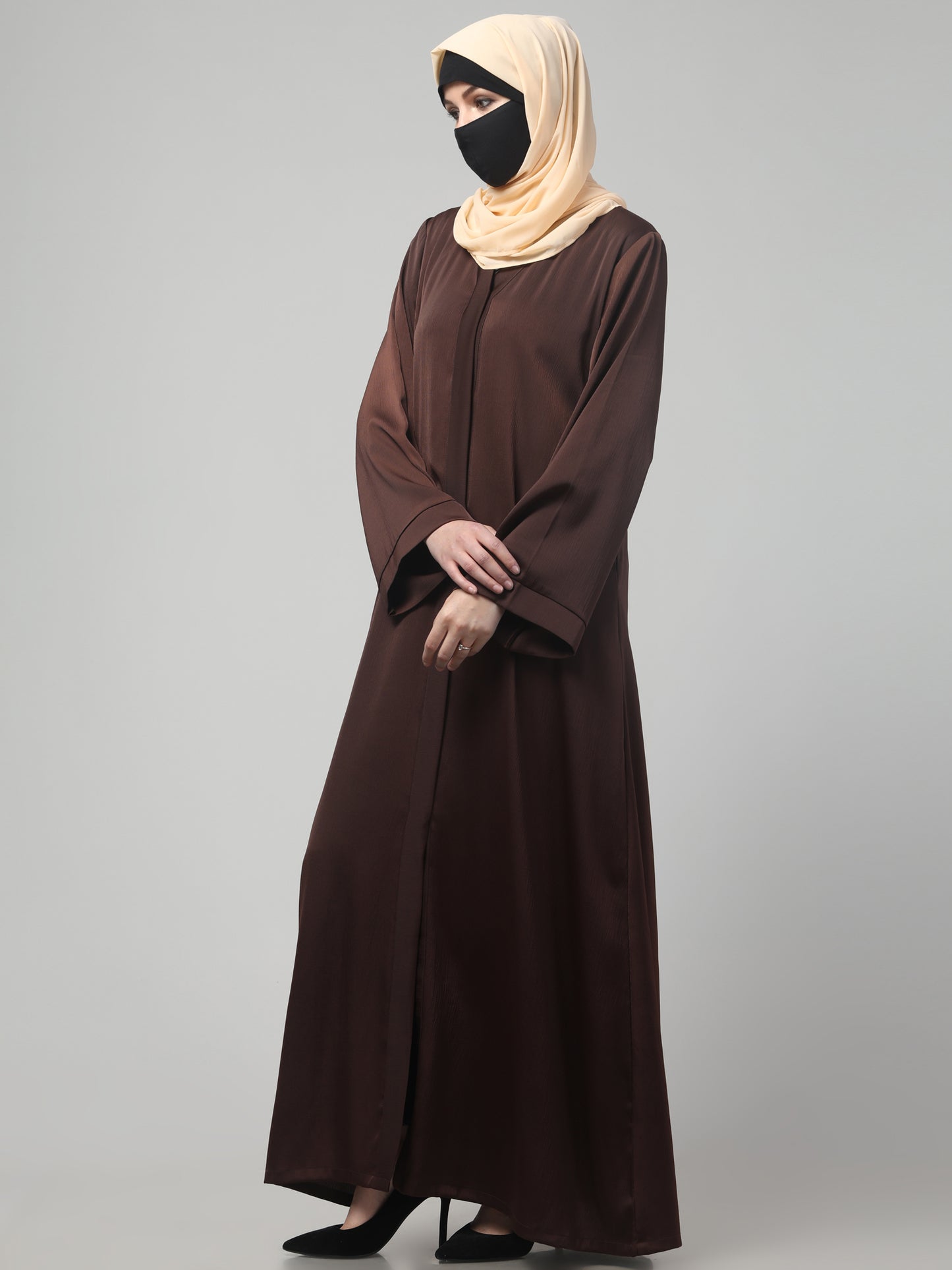 Front Open Abaya In Premium Tiktok Fabric with V-Neck & Flared Sleeves.