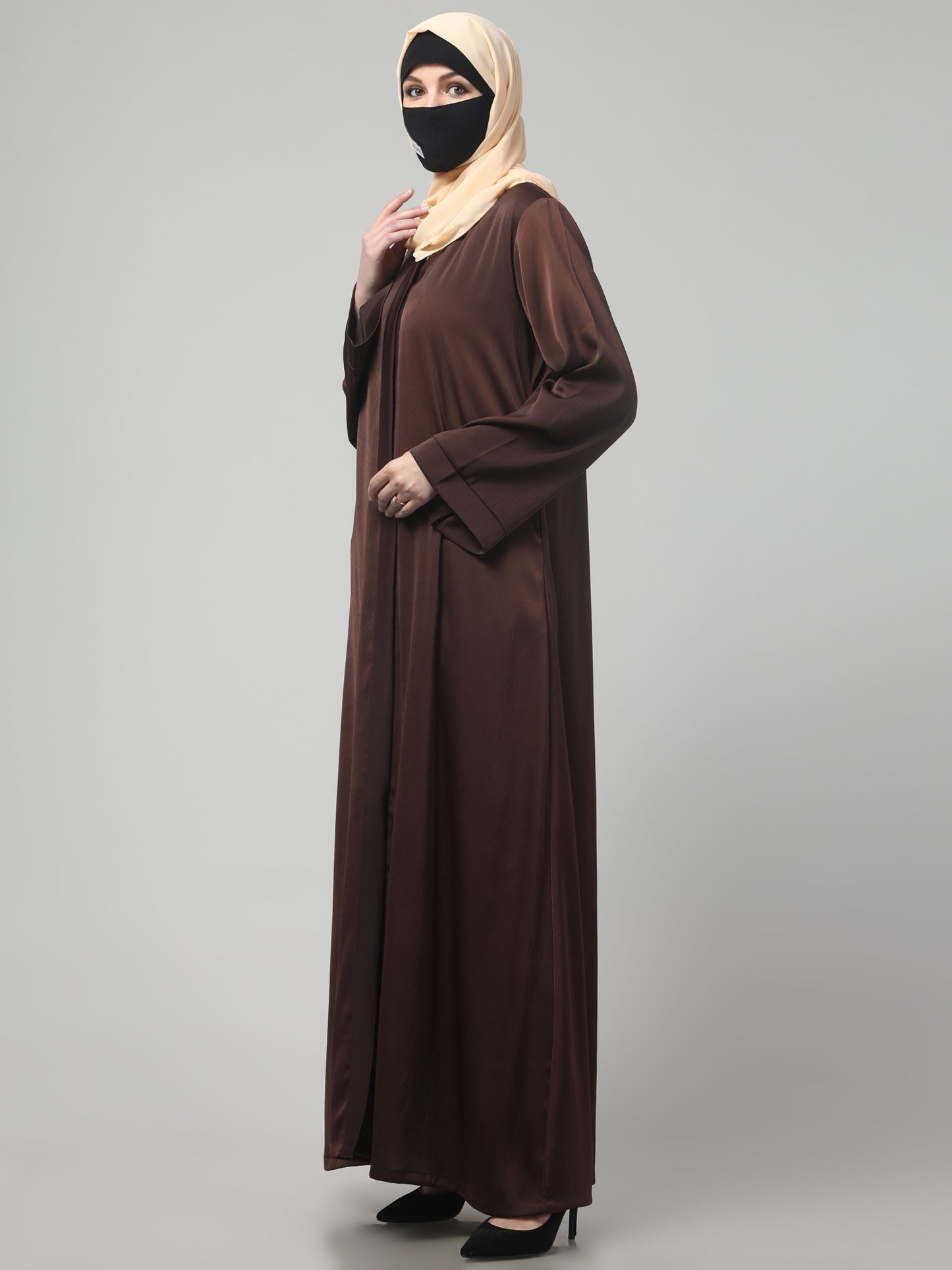 Front Open Abaya In Premium Tiktok Fabric with V-Neck & Flared Sleeves.