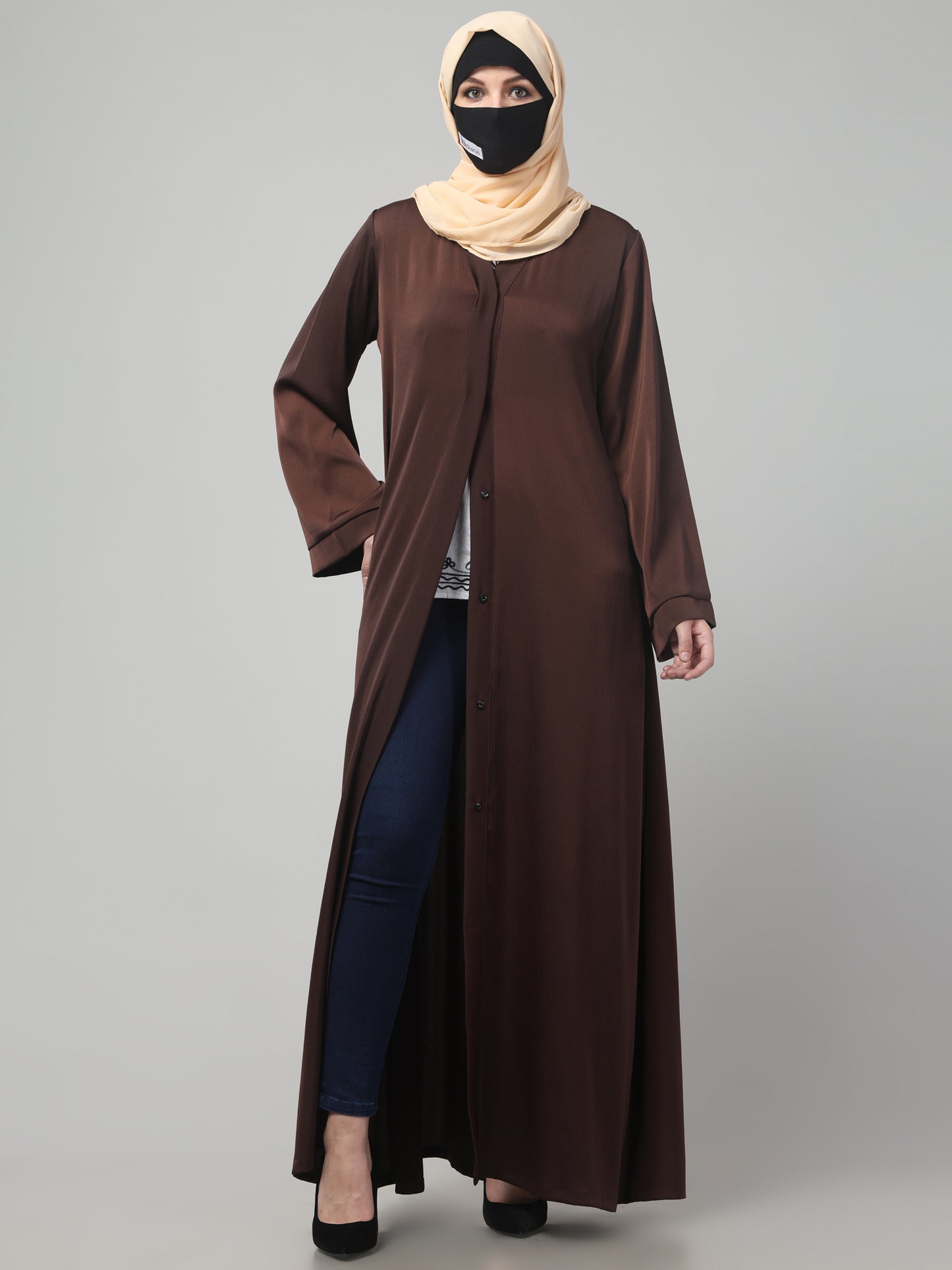 Front Open Abaya In Premium Tiktok Fabric with V-Neck & Flared Sleeves.