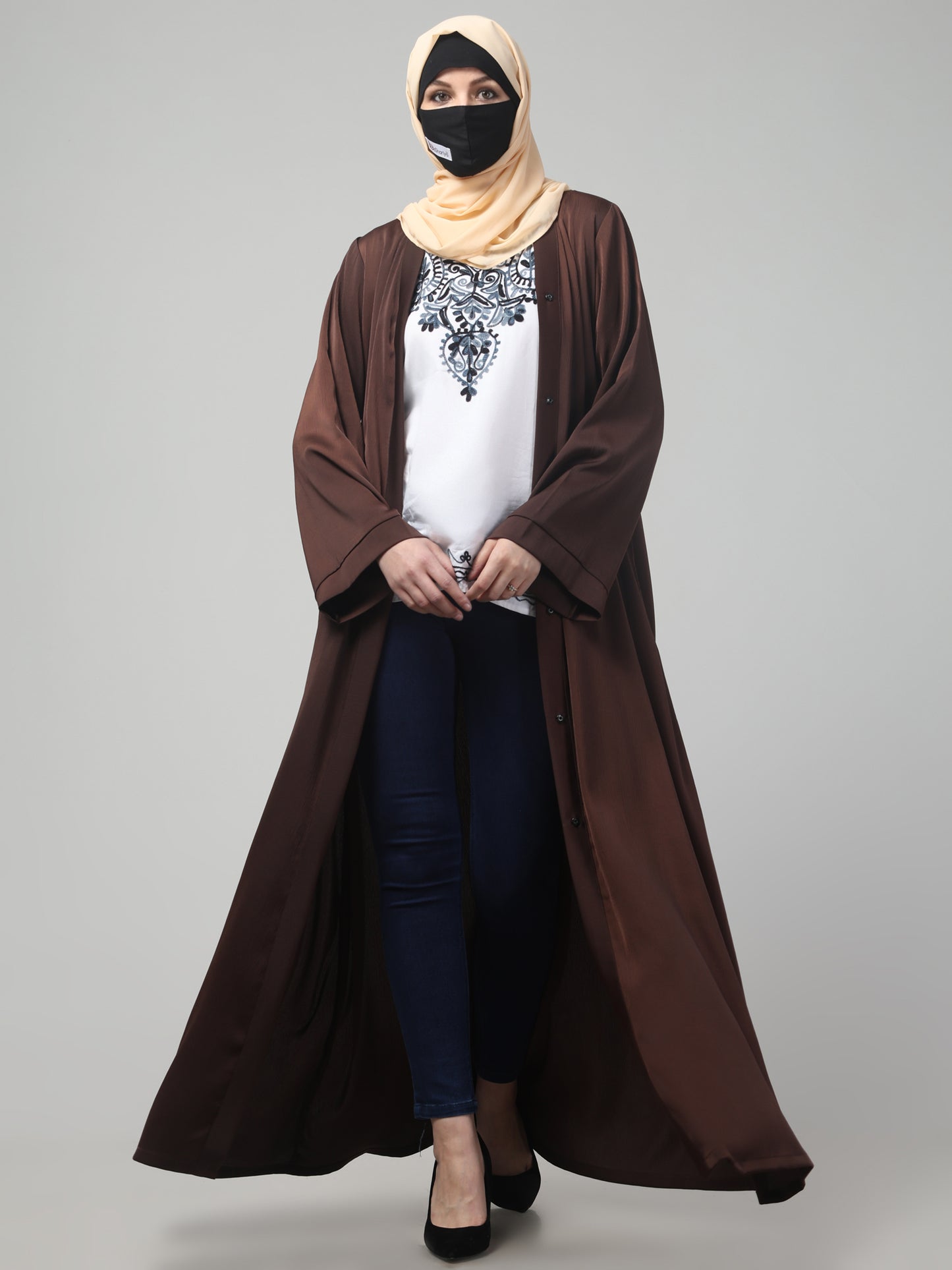 Front Open Abaya In Premium Tiktok Fabric with V-Neck & Flared Sleeves.