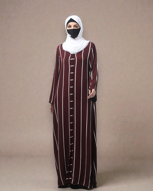 Front Open Abaya in Zoom Elegance Fabric – Classic White Stripes & Timeless Grace