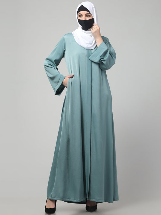 Front Open Abaya In Premium Tiktok Fabric with V-Neck & Flared Sleeves.