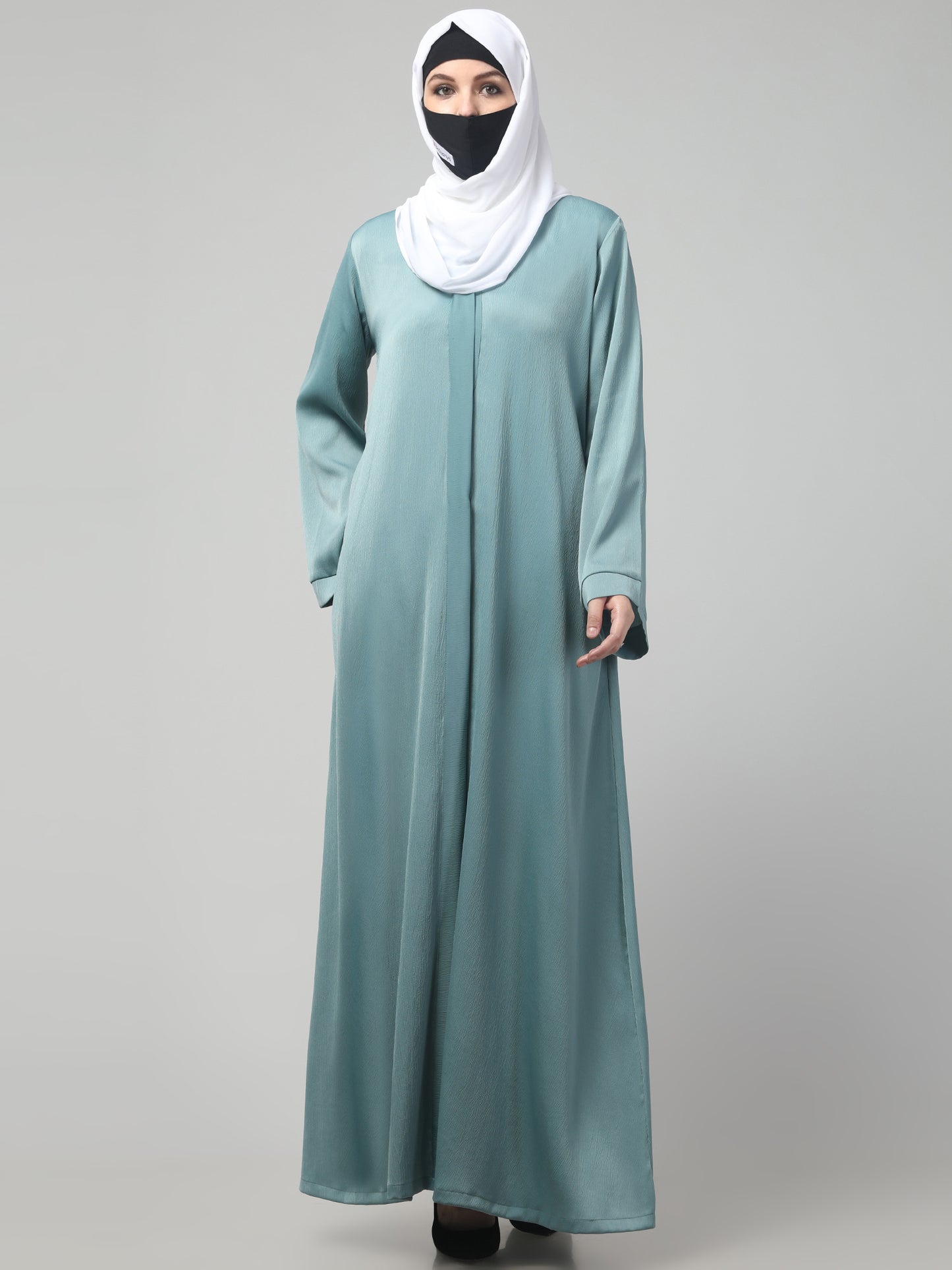 Front Open Abaya In Premium Tiktok Fabric with V-Neck & Flared Sleeves.