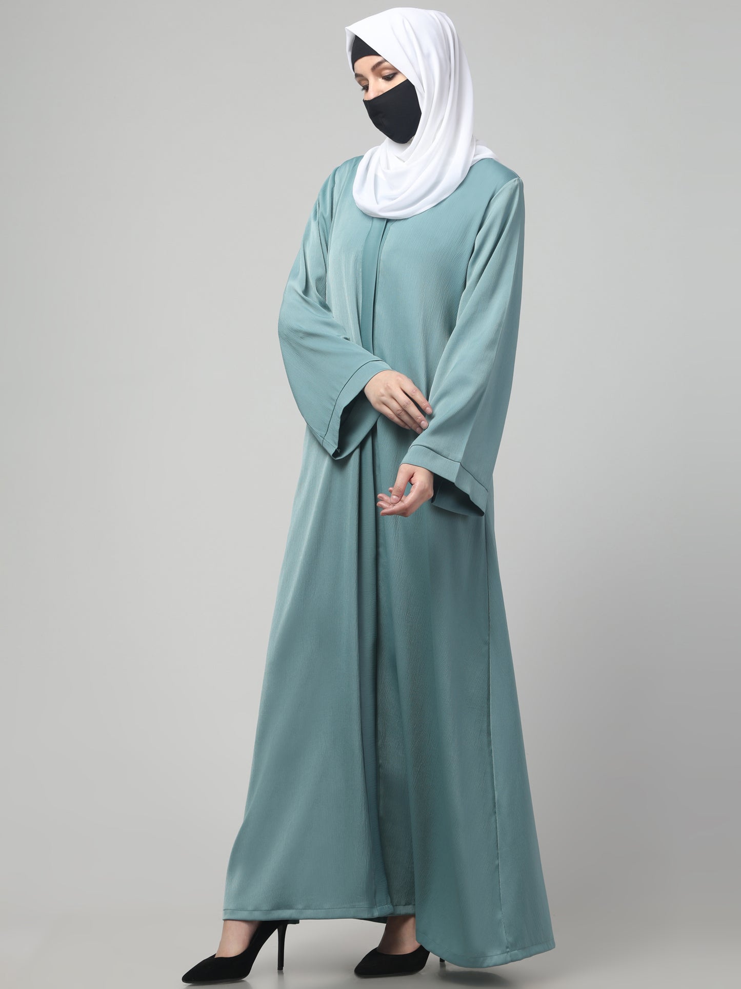 Front Open Abaya In Premium Tiktok Fabric with V-Neck & Flared Sleeves.