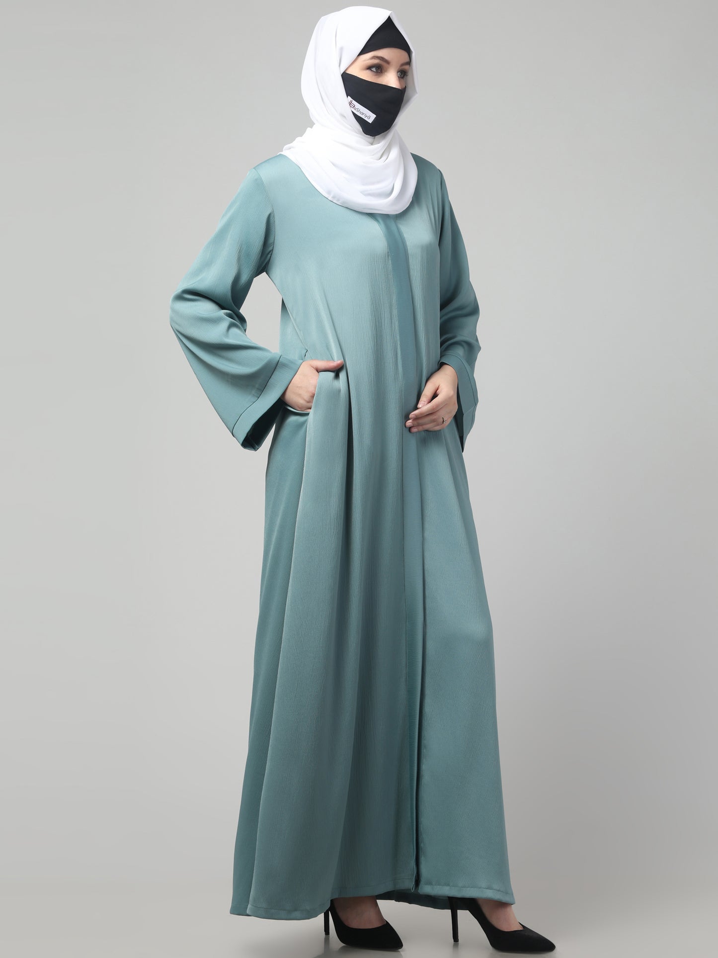 Front Open Abaya In Premium Tiktok Fabric with V-Neck & Flared Sleeves.
