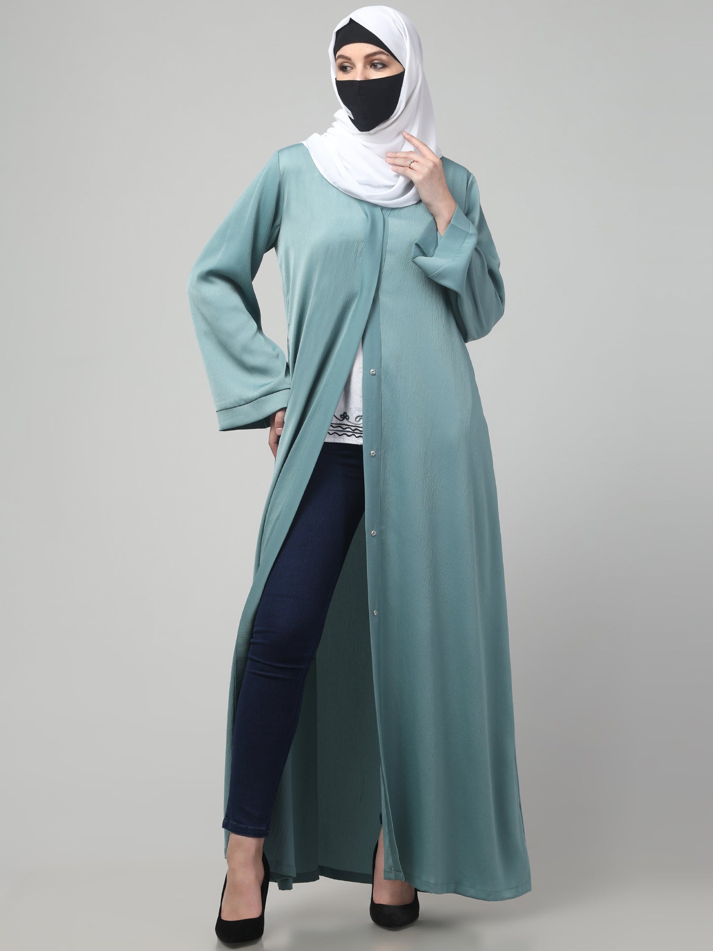 Front Open Abaya In Premium Tiktok Fabric with V-Neck & Flared Sleeves.