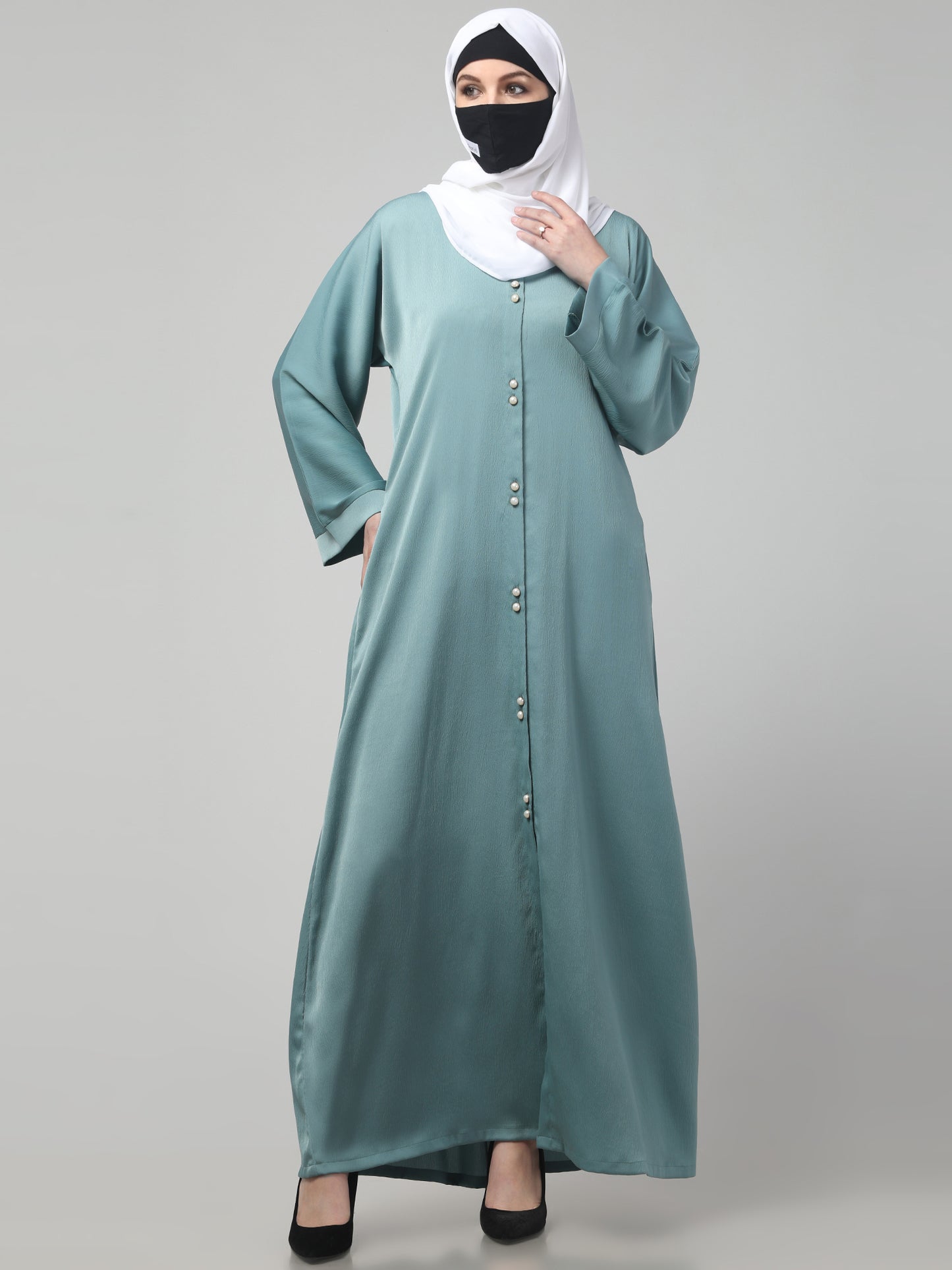 Front Open Tiktok Abaya with Round Neck & Flared Sleeves.
