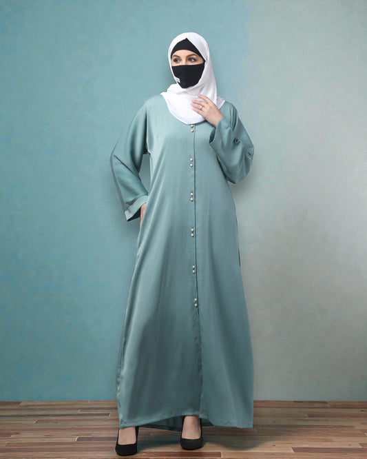 Front Open Tiktok Abaya with Round Neck & Flared Sleeves – Includes Hijab