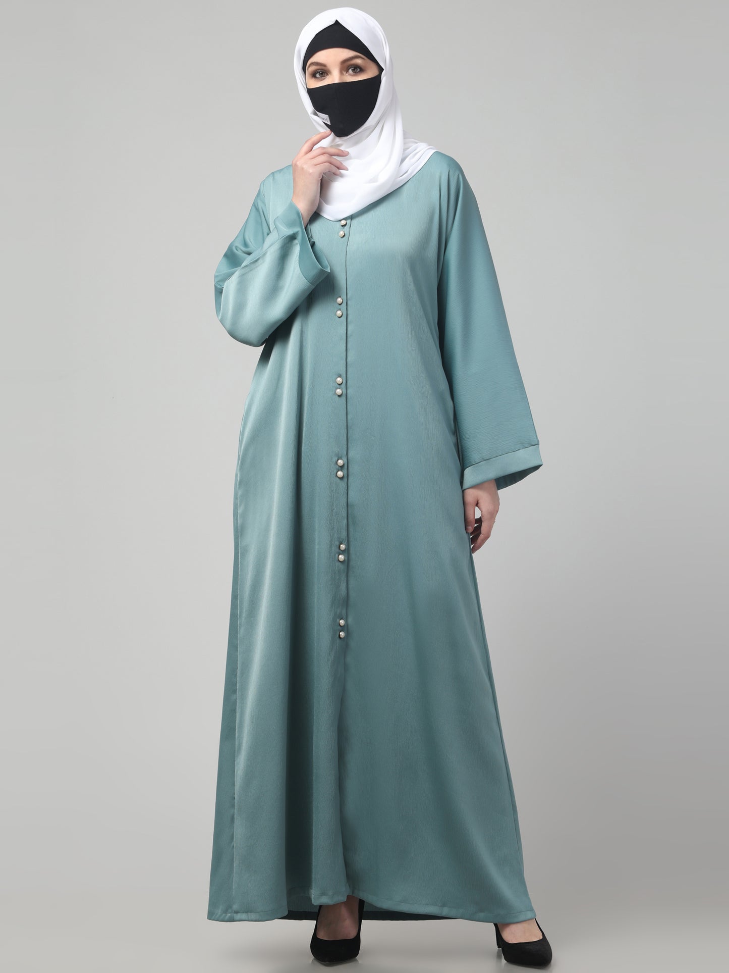 Front Open Tiktok Abaya with Round Neck & Flared Sleeves.